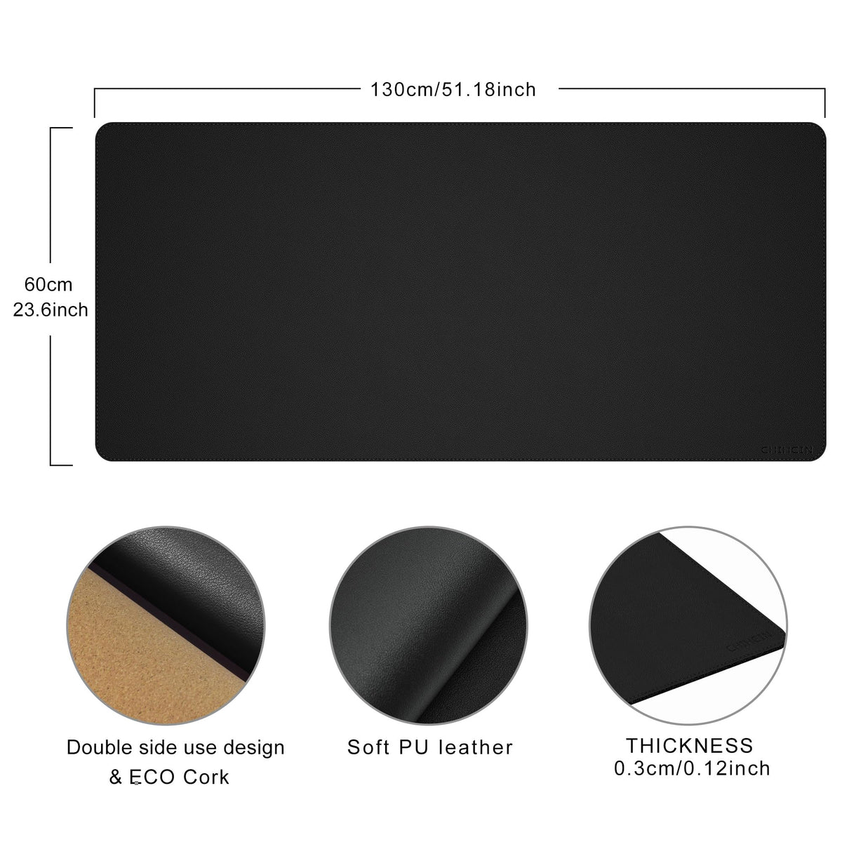 Chihein 51” x 24” Cork & PU Leather Desk Mat (Black) - Large Mouse Pad, Double Sided Waterproof
