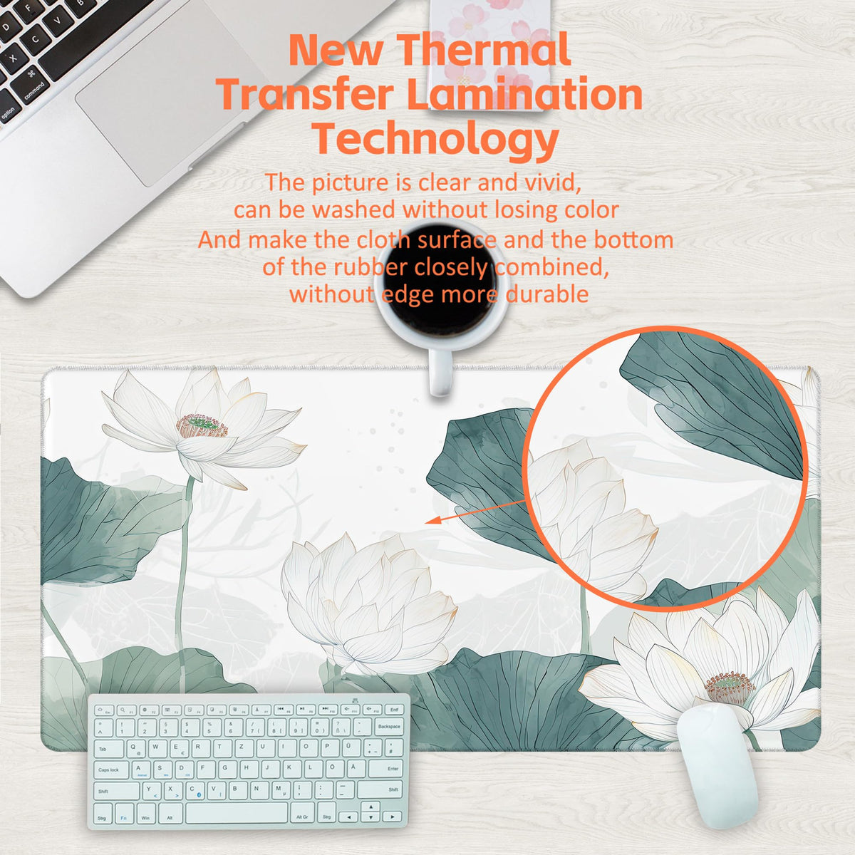 KOAIWPAE Desk Mat, Watercolor Lotus Painting Desk Pad, White Lotus Large Gaming Mouse Pad for Desk