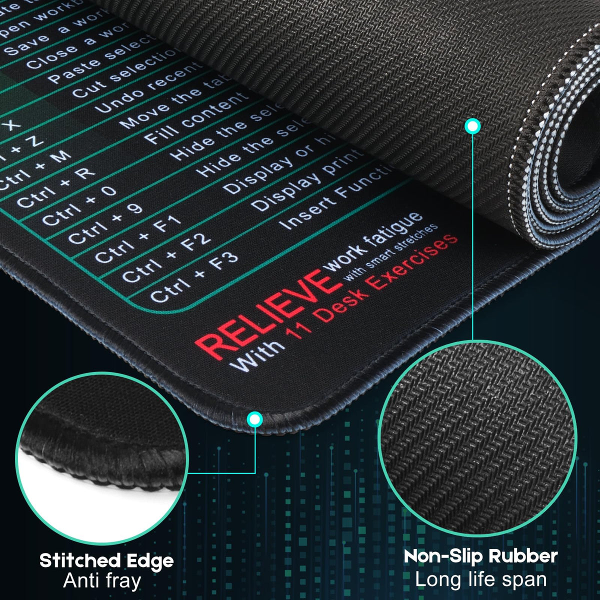 Excel Cheat Sheet Mouse Pad Set | 3-Piece XXL Ergonomic Desk Mat with Wrist Rest for Office &