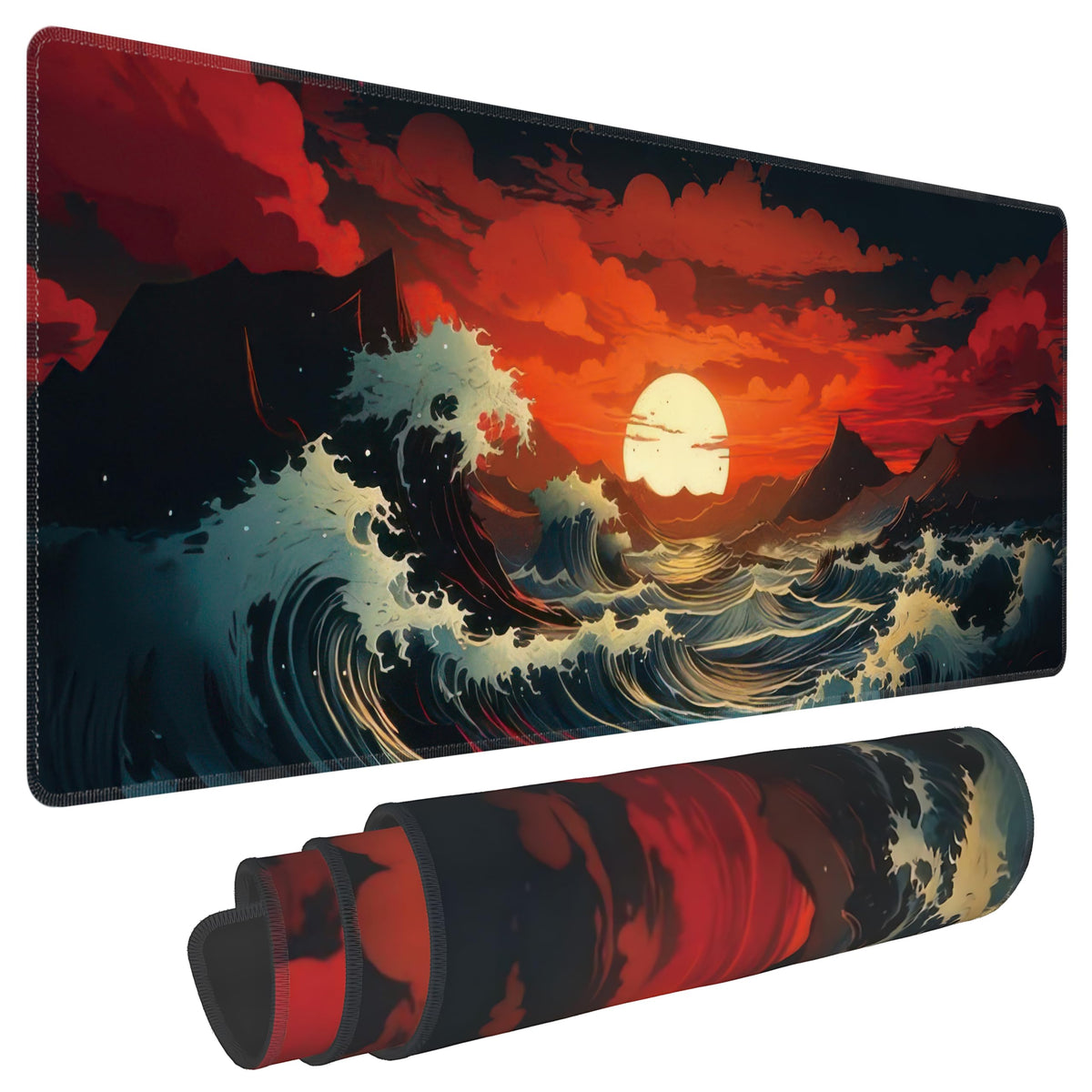Japanese Sea Wave Large Mouse Pad,Gaming Keyboard Desk Pad,Extended Mouse Mat Non-Slip Rubber Base