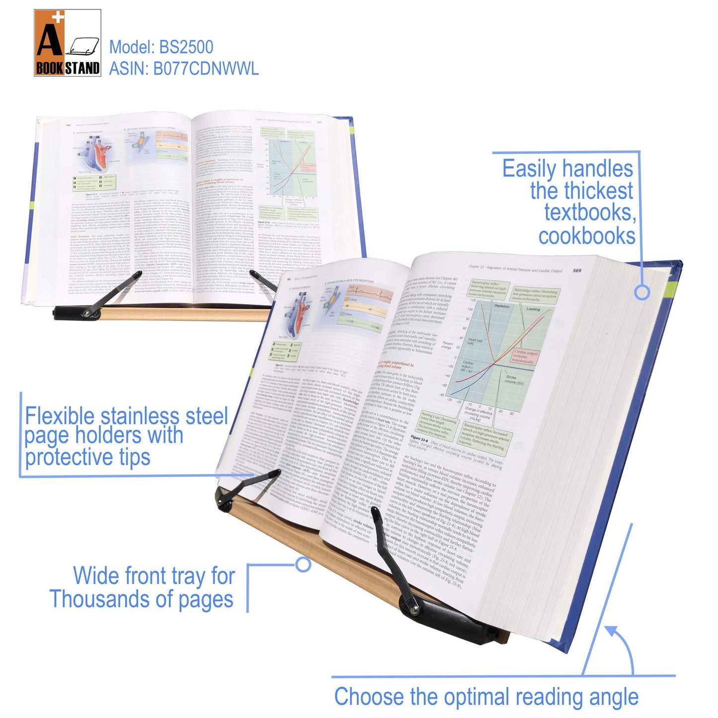 A+ Book Stand BS2500 Large 16x10.5 Portable Adjustable Foldable Bookstand Holder for Reading Hands