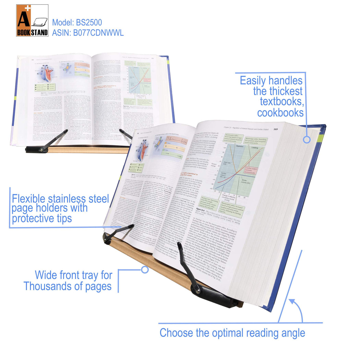 A+ Book Stand BS2500 Large 16x10.5 Portable Adjustable Foldable Bookstand Holder for Reading Hands