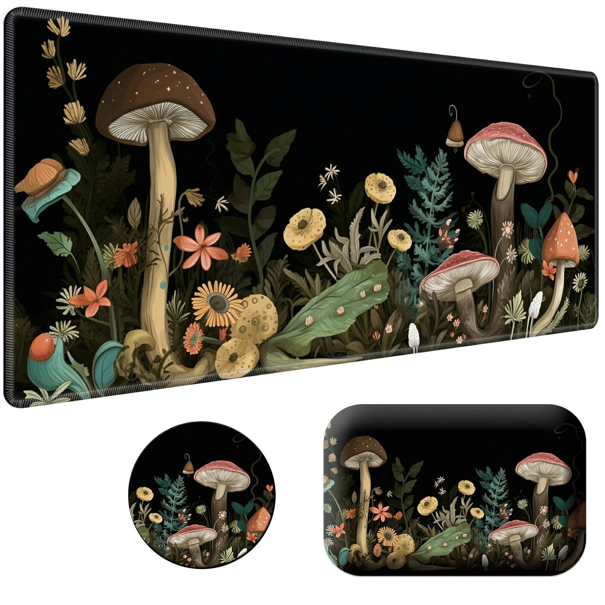 BPQOJB Laptop Mouse Pad 27.5 x 11.8 inch & Small Wrist Rests with Coasters and Mushroom and Flower