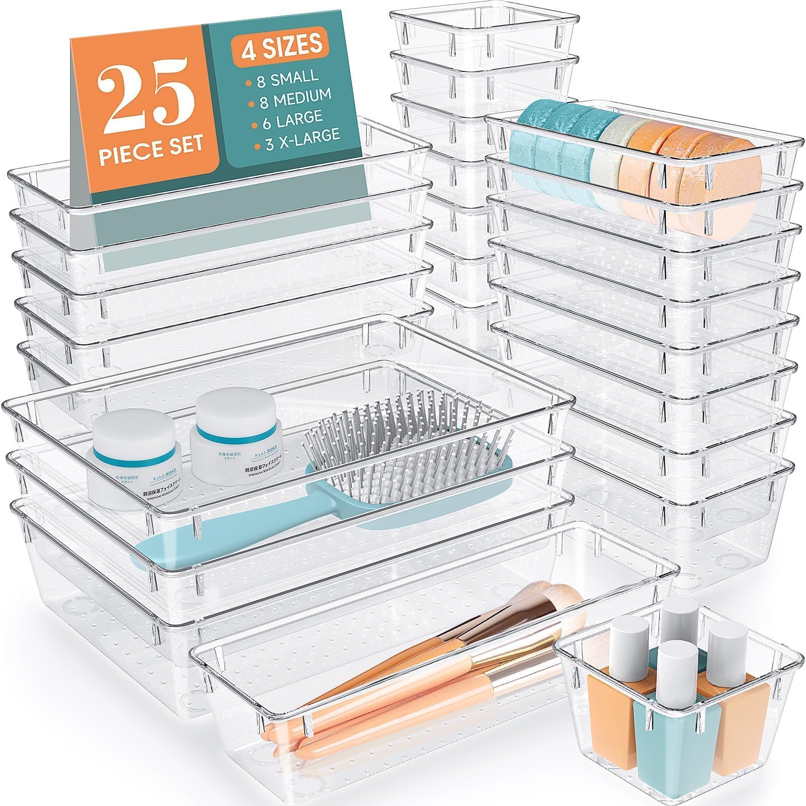 25 PCS Drawer Organizer Set, 5 Size Bathroom and kitchen organizer Trays