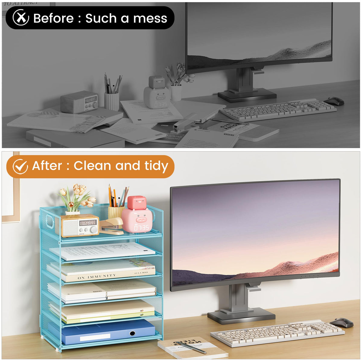 Subekyu 6-Tier Desk Paper Organizer, Desktop File Letter Tray with Handle, Document Sorter and