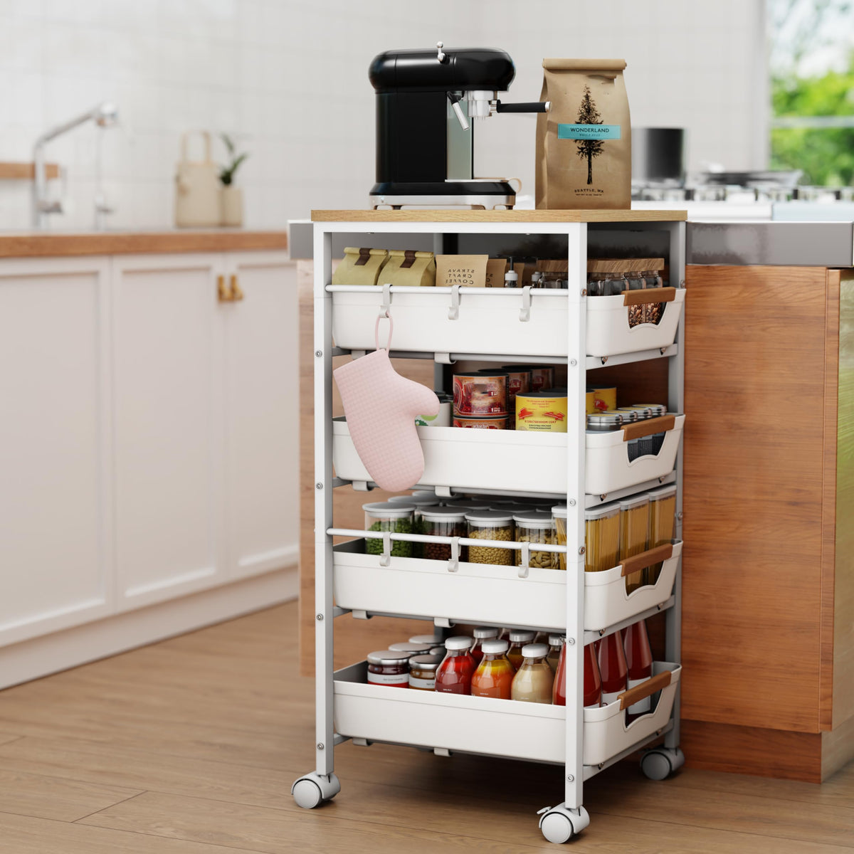 Landmok 5-Tier Kitchen Storage Cart, Wood Top Rolling Cart Organizer with Pull-Out Baskets &