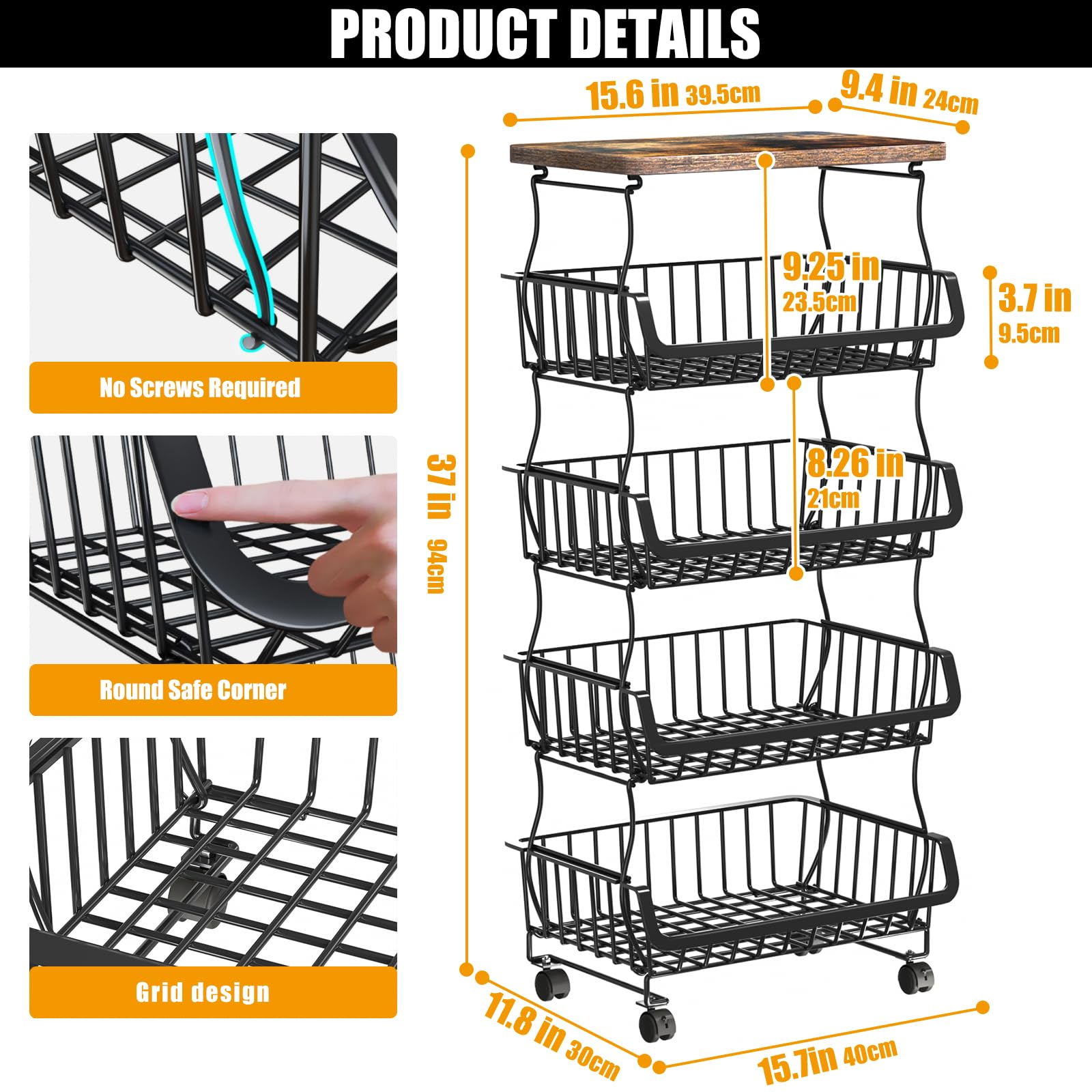 Gsiekare 5 Tier Fruit and Vegetable Basket for Kitchen with Wheels