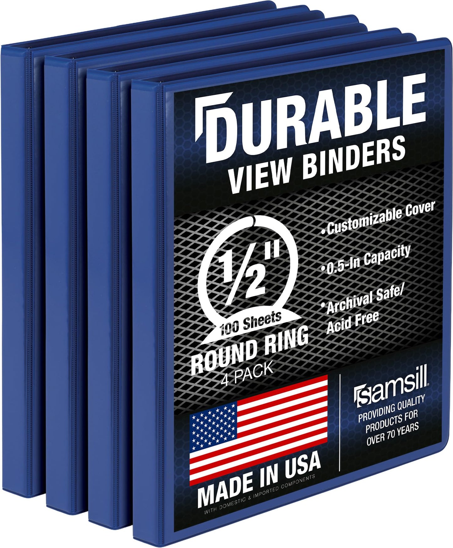 Samsill 4 Pack Durable 0.5 Inch 3 Ring Binders, Round Ring, Clear View Cover for Presentations, Blue