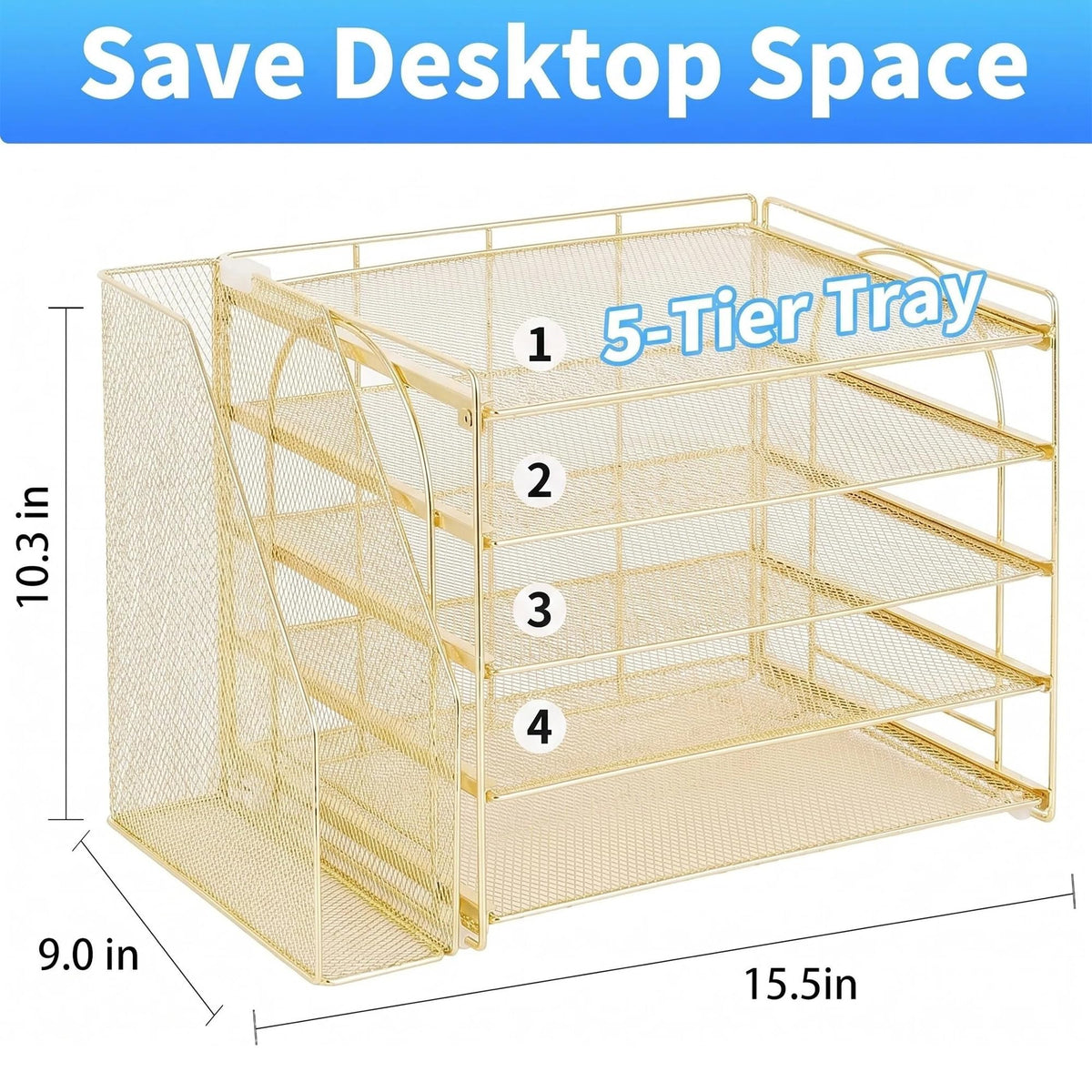 OPNICE Desk Organizer, 5-Tier Paper Organizer Letter Tray, Gold