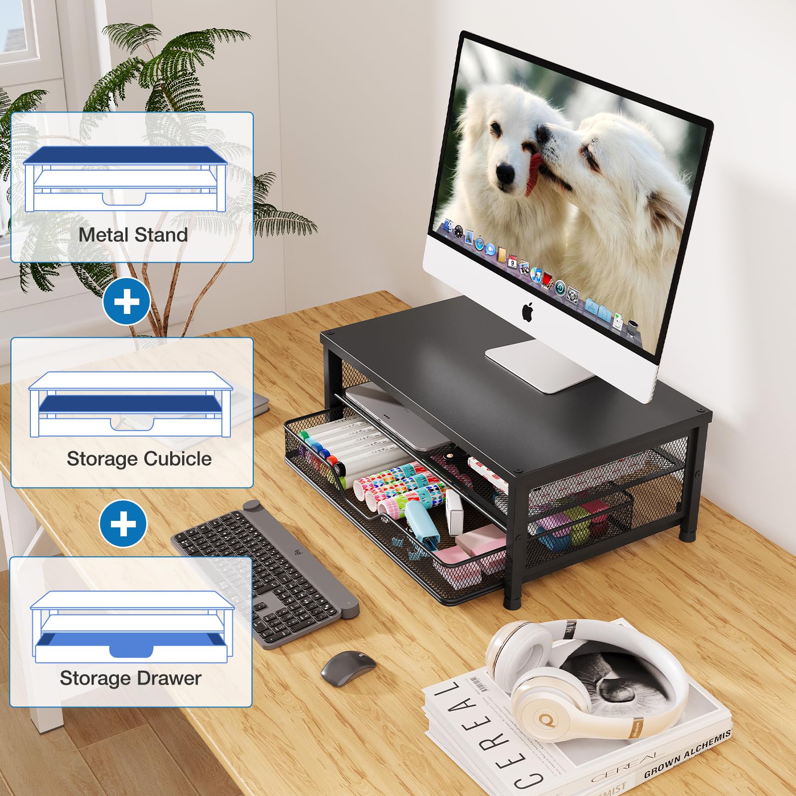 OPNICE Computer Monitor Stand Riser, Desk Organizer with Drawer, Printer & Laptop Stand, Office