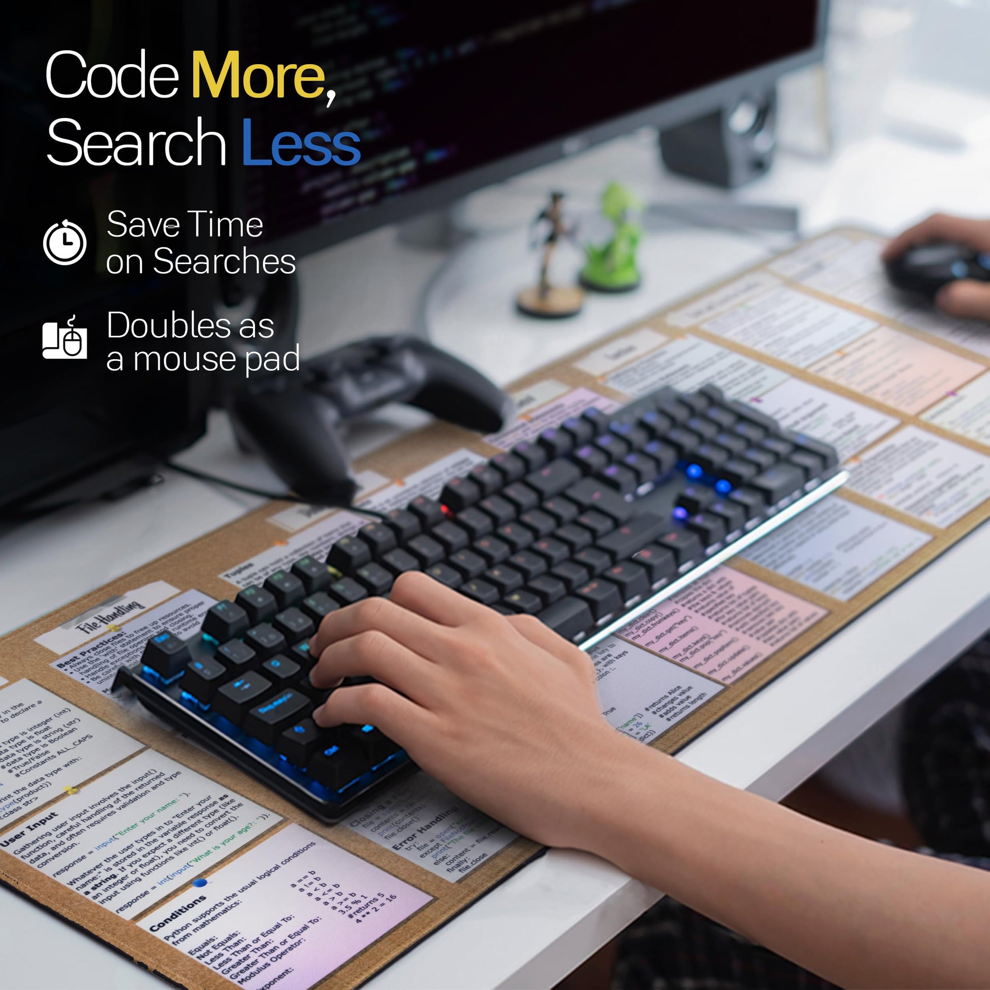 Python Programming Cheat Sheet Desk Mat - Large Mouse Pad with Complete Code Reference (31.5" x