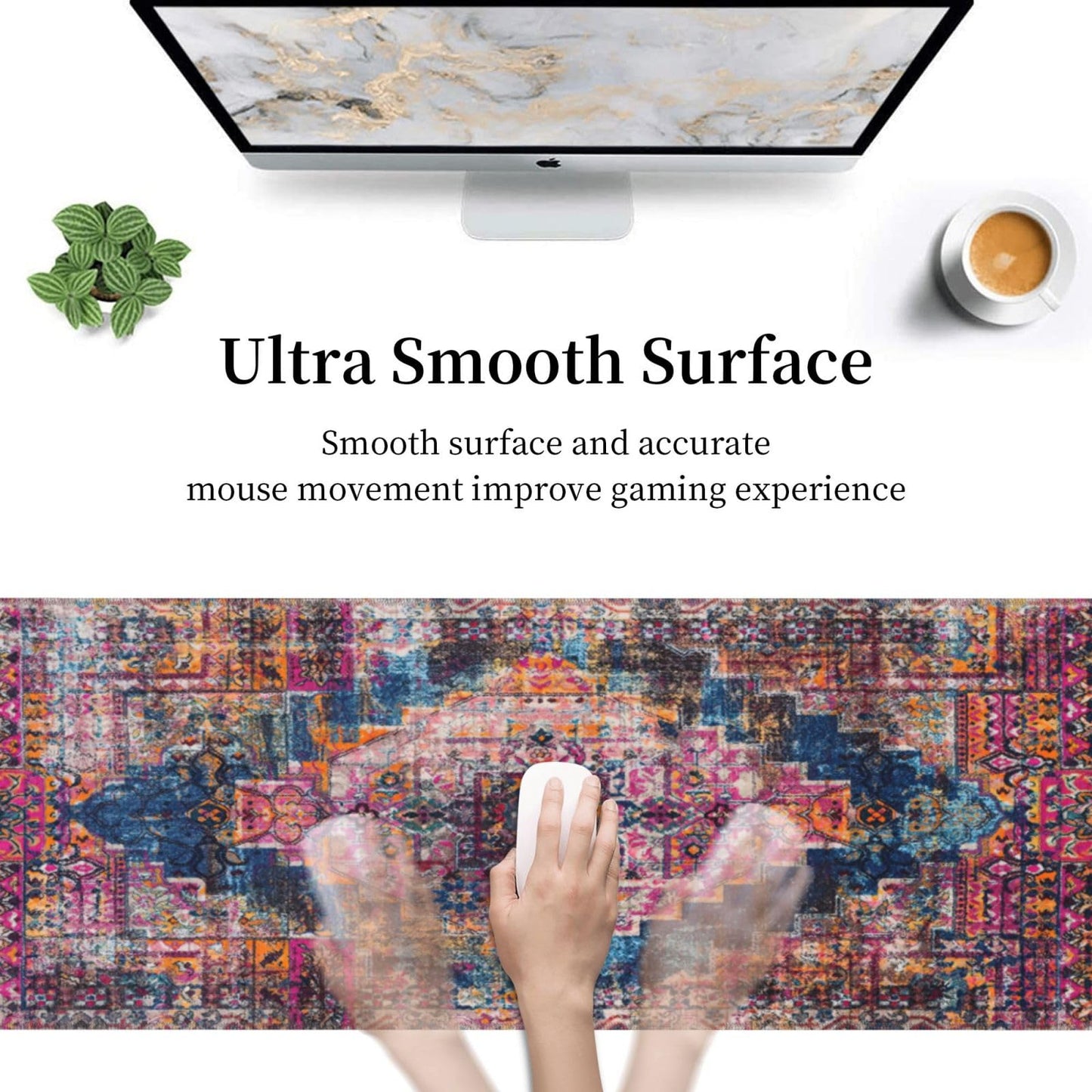 Pink Boho Style Vintage Large Gaming Mouse Pad, Extended Big Keyboard Mouse Mat, Long Computer