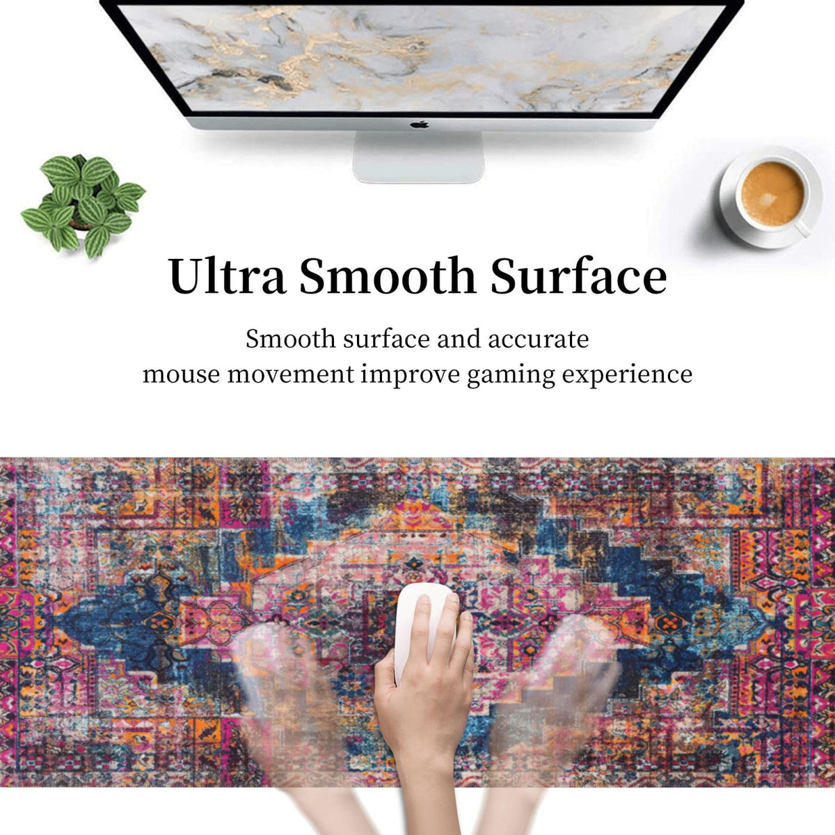 Pink Boho Style Vintage Large Gaming Mouse Pad, Extended Big Keyboard Mouse Mat, Long Computer
