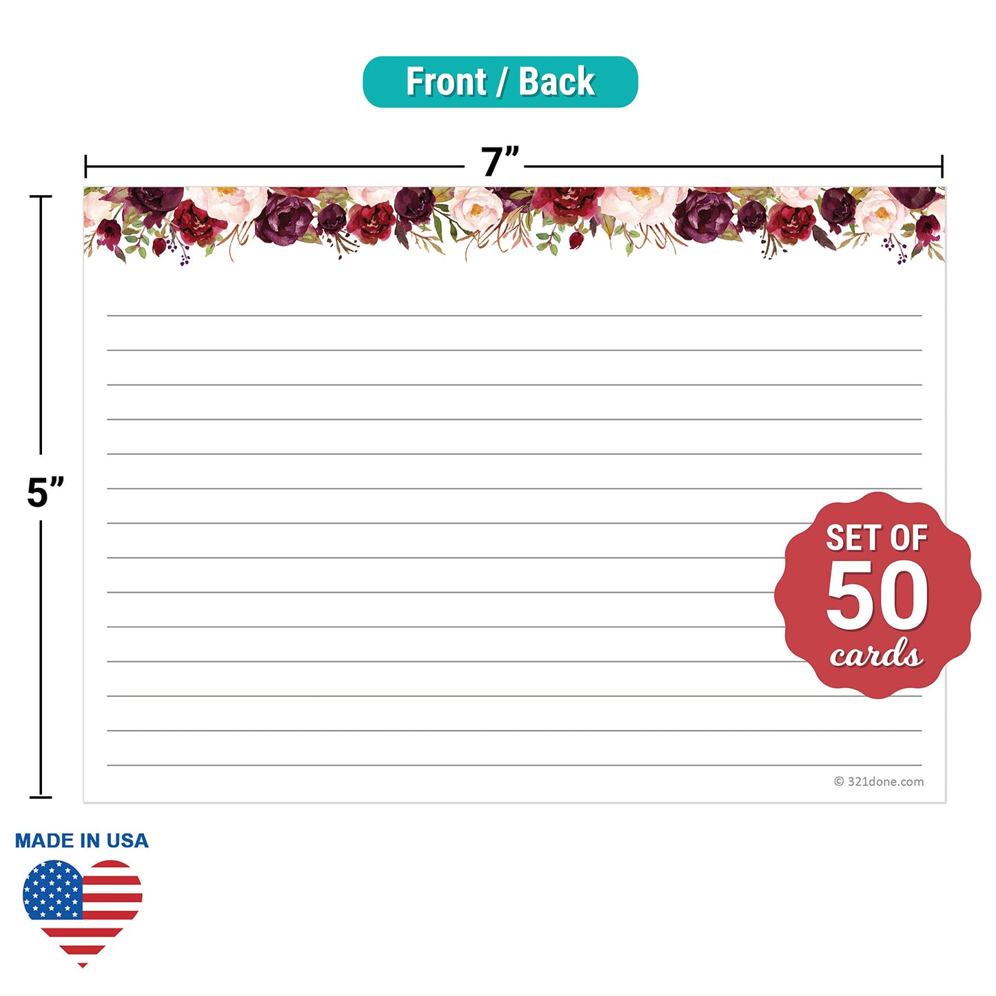 321Done Ruled Index Cards, Large 5x7, Set of 50, Red Roses on White