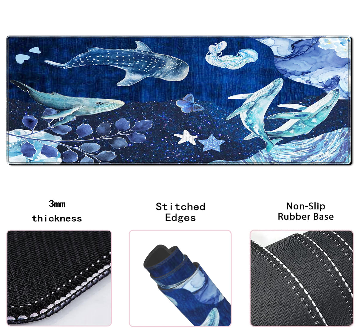 Whale Mouse Pad Large Desk Mat, 31.5x11.8 Inch Mousepad Extended Non-Slip Rubber Base Keyboard Mat