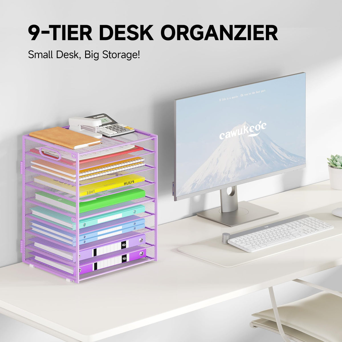 Cawukege 9 Tier Paper Organizer with Handle, Purple Large Capacity Desk Organizer Mesh File Folder