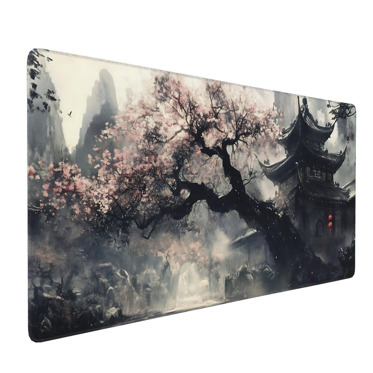 Aesthetic Scenery Gaming Mouse Pad, Black White Japanese Desk Mat with Anti-Slip Base & Stitched