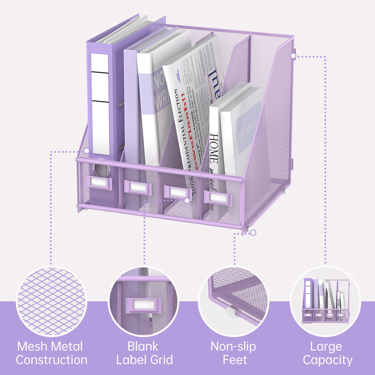 4-Compartment Magazine File Holder and File Organizer for Desk, Purple