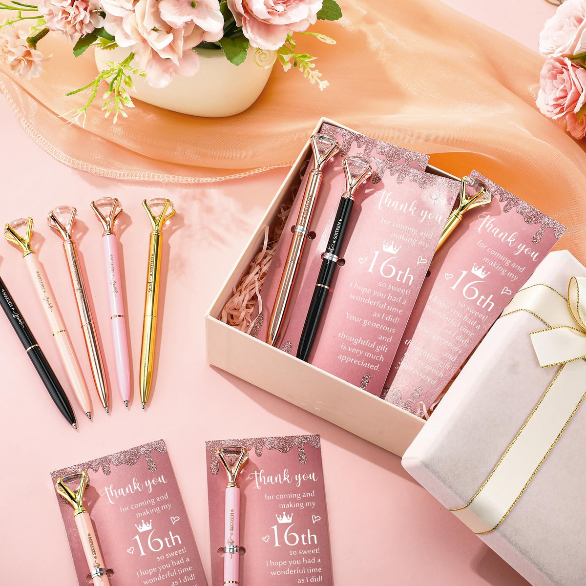 Feifeiya 36 Sets Sweet 16th Party Favors Pens with Thank You Cards, Diamond