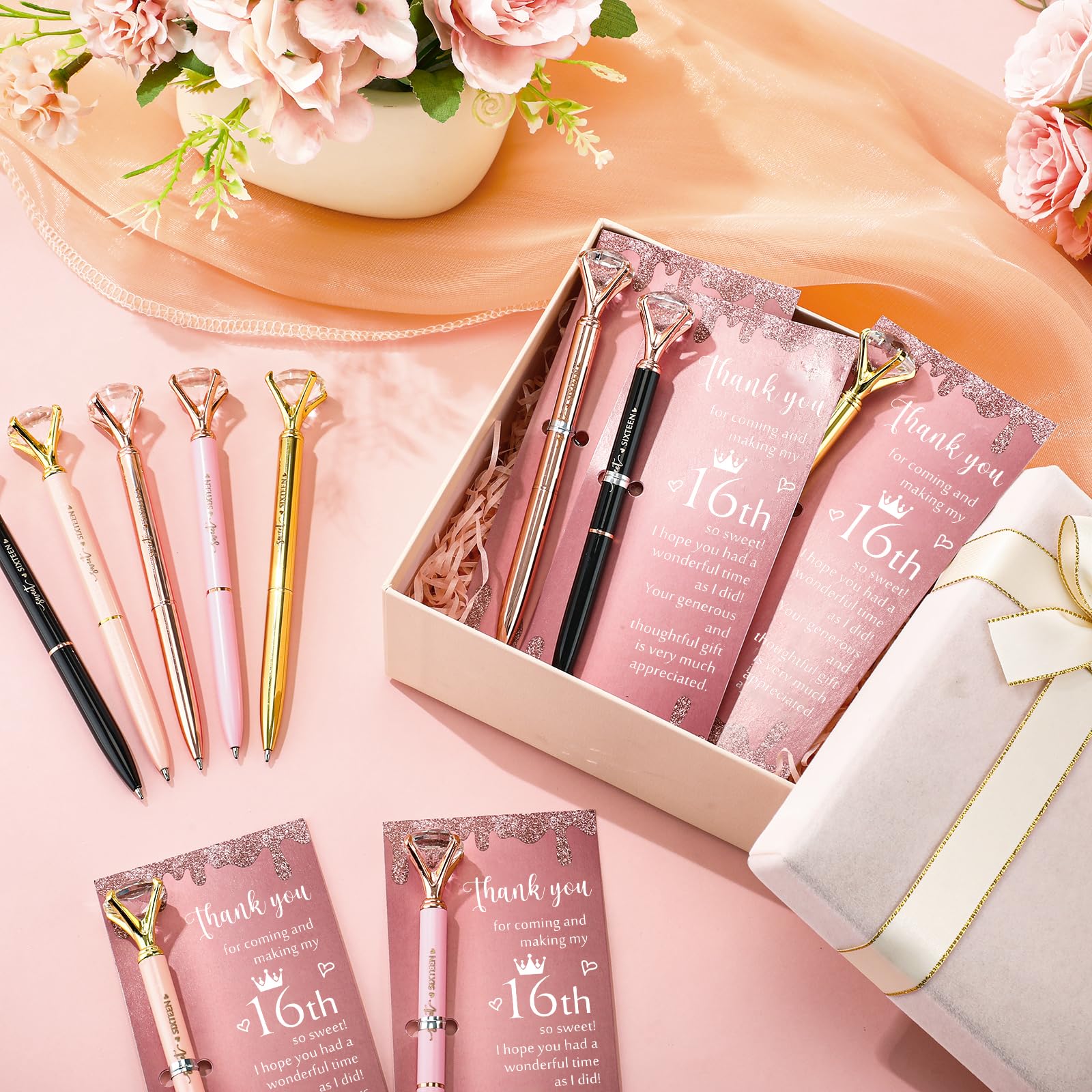 Feifeiya 36 Sets Sweet 16th Party Favors Pens with Thank You Cards, Diamond