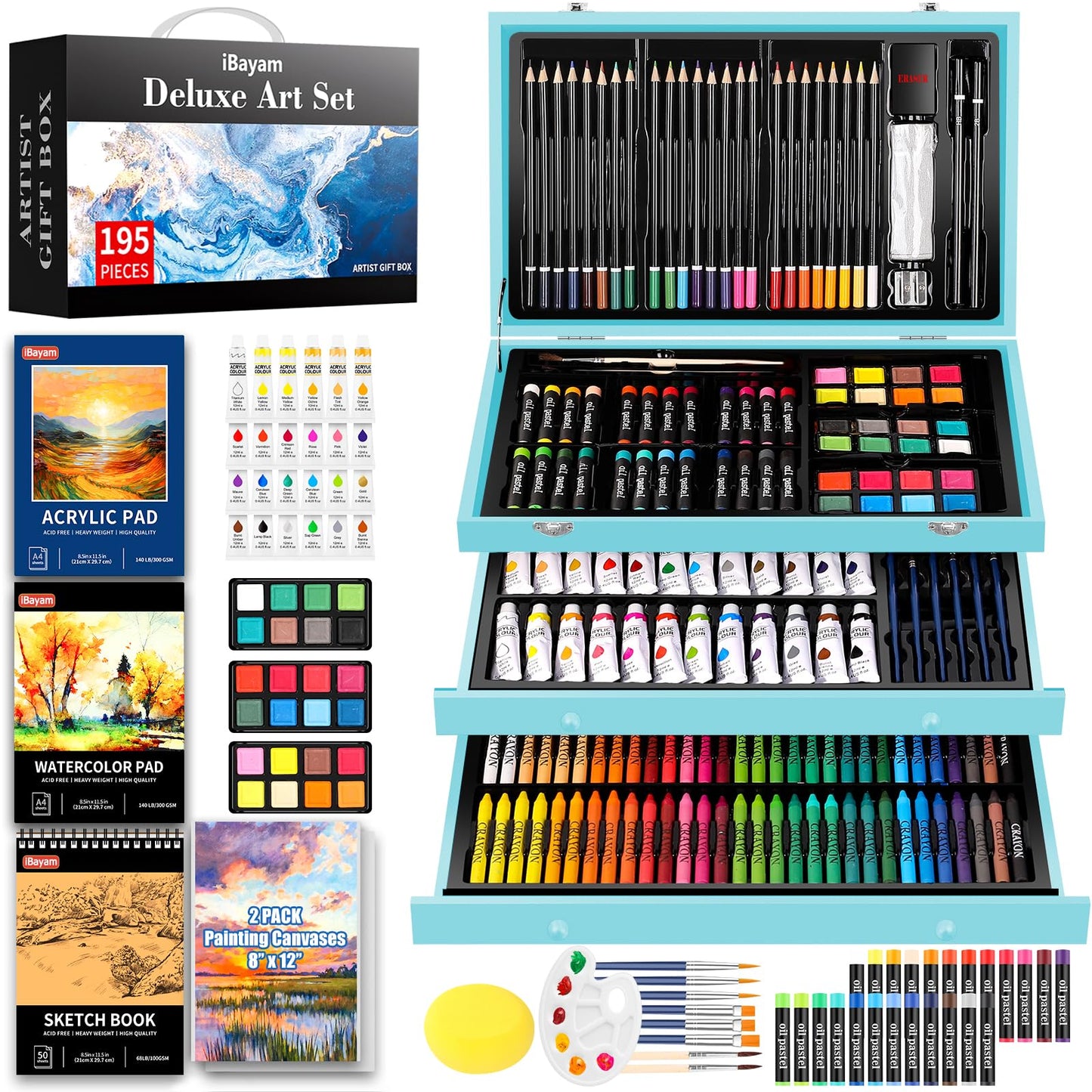 iBayam 195PCS Art Supplies Kit, Sketch Book, Acrylic Pad, Watercolor Pad
