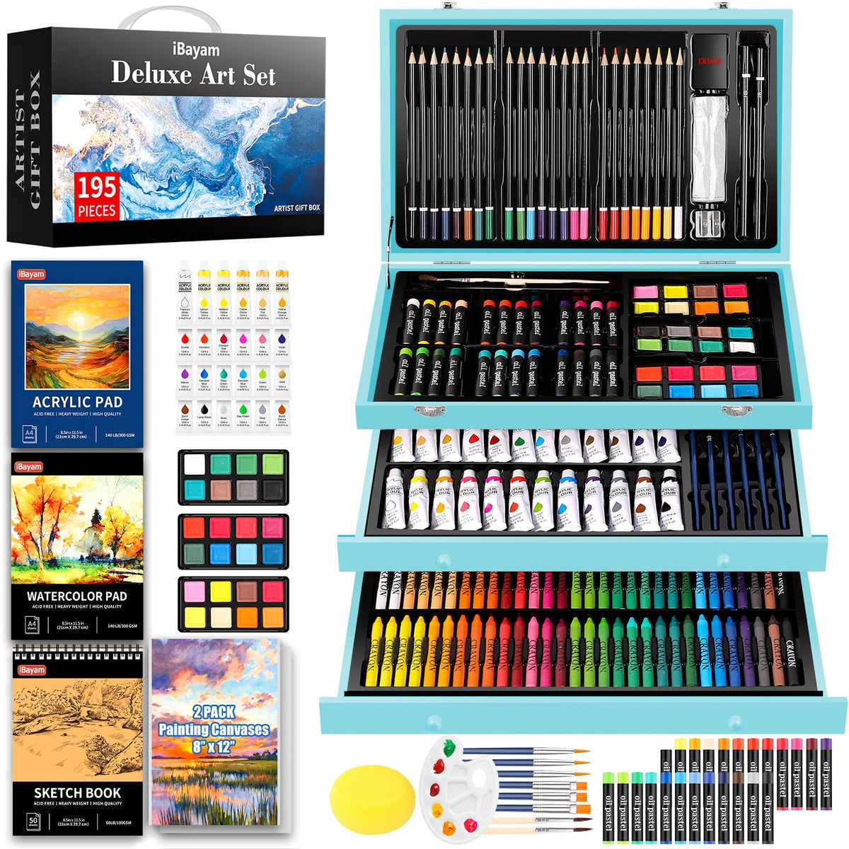 iBayam 195PCS Art Supplies Kit, Sketch Book, Acrylic Pad, Watercolor Pad