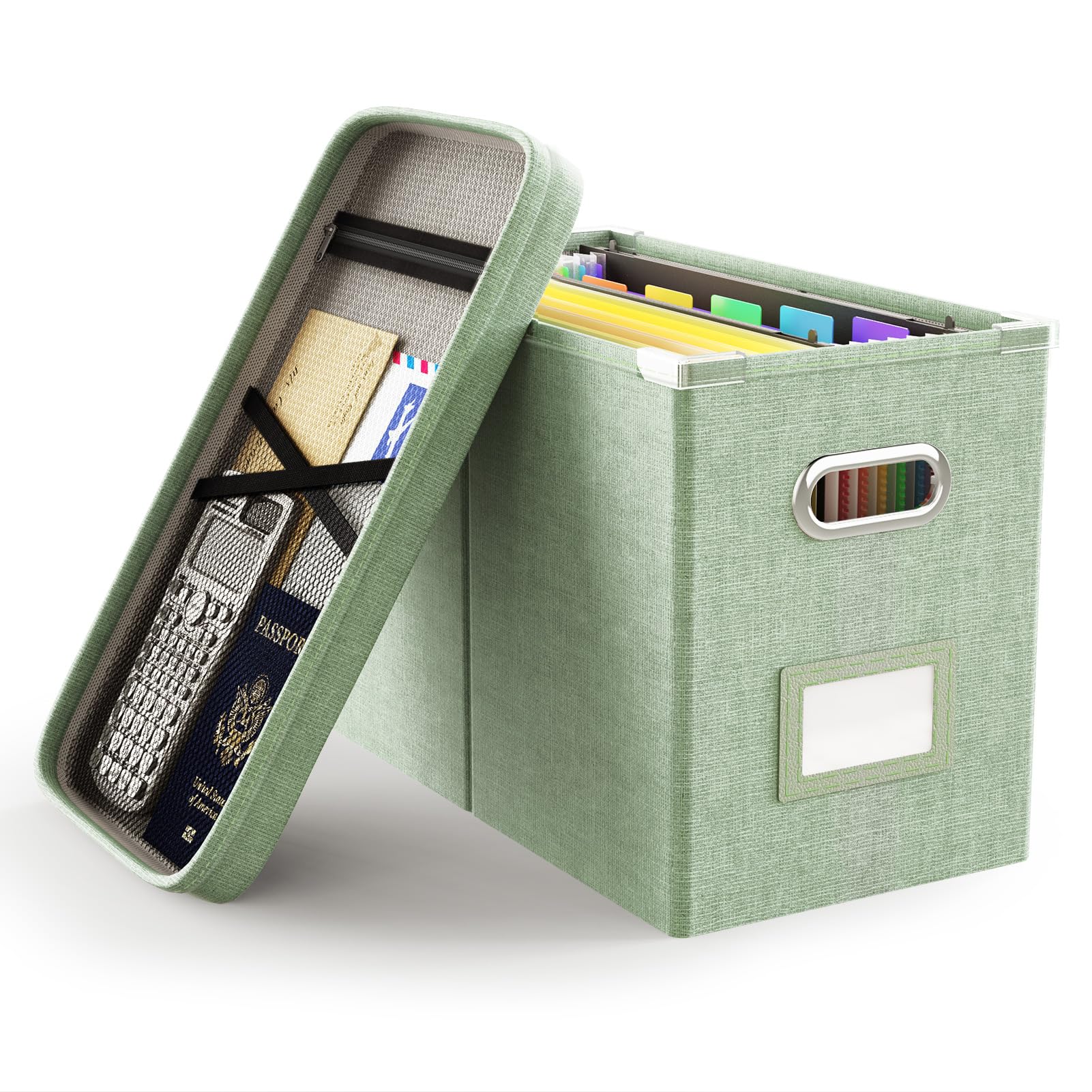 Oterri File Organizer Box with Lid, Hanging Filing File Box with Mesh Pocket, Document Organizer