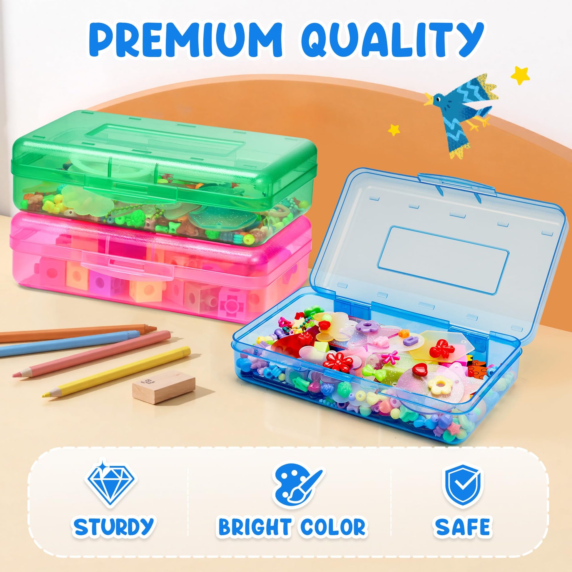GAMENOTE Plastic Pencil Box with Snap-tight Lid, (Blue/Green/Pink) 6Pack