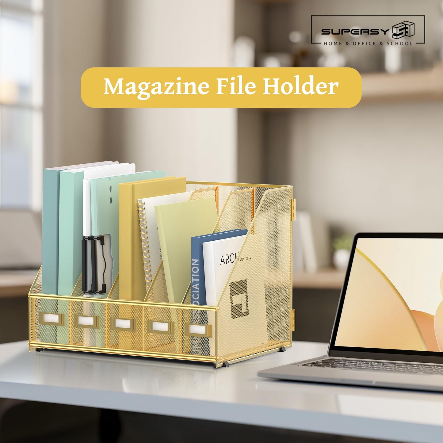 SUPEASY Desk Organizers Metal Desk Magazine File Holder with 5 Vertical Compartments Rack File