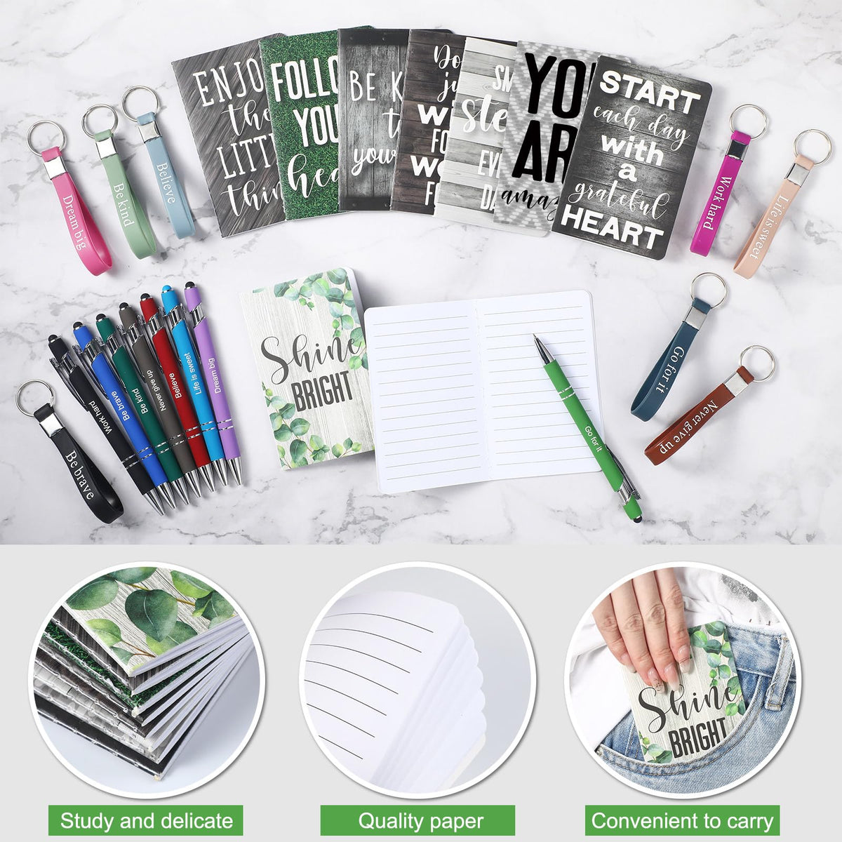 PerKoop 48 Pcs Inspirational Gifts Bulk Motivational Notepads Ballpoint Pens Keychains Set Modern