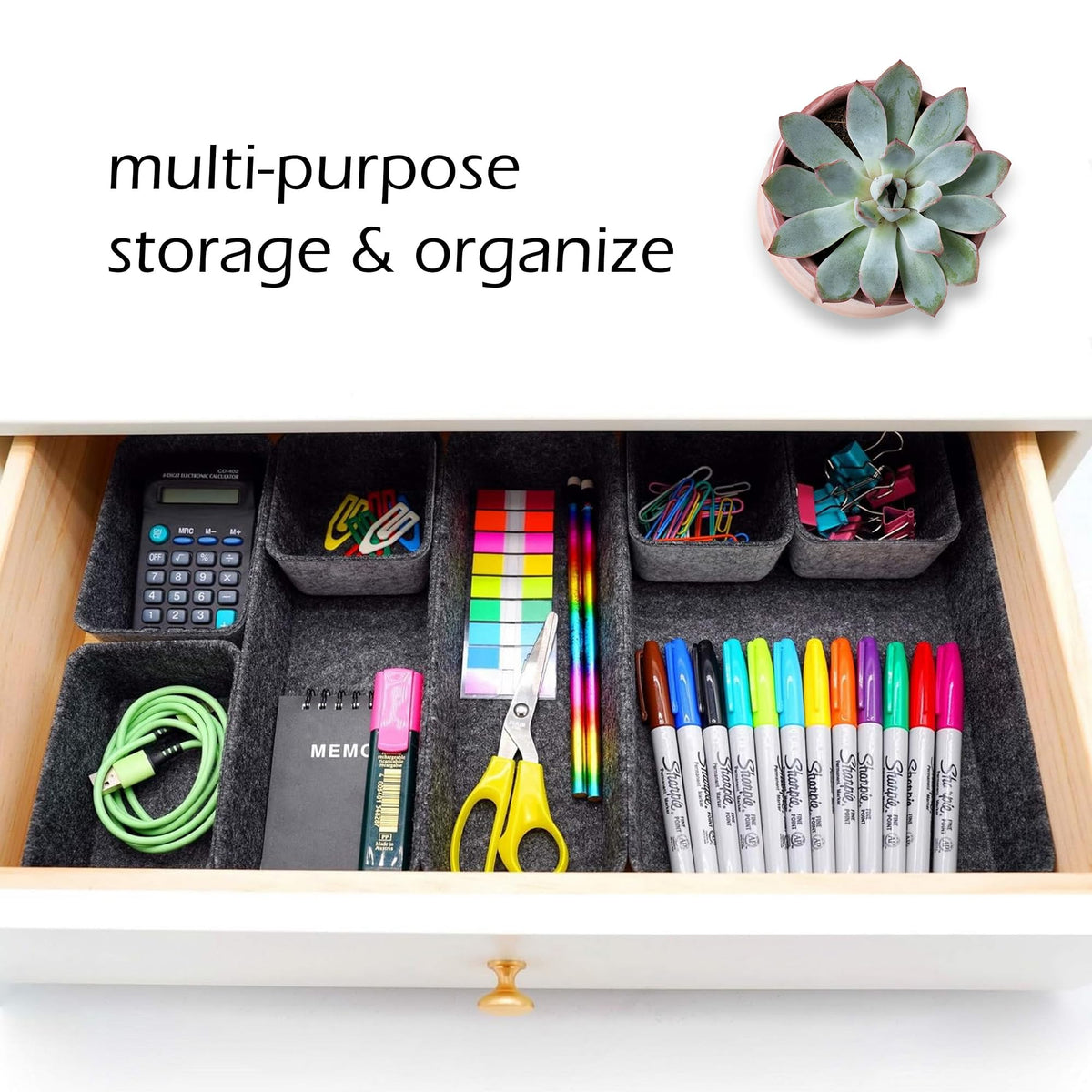 Welaxy Minimalist Felt Desk Drawer Organizer 8-Piece Charcoal Storage Bins