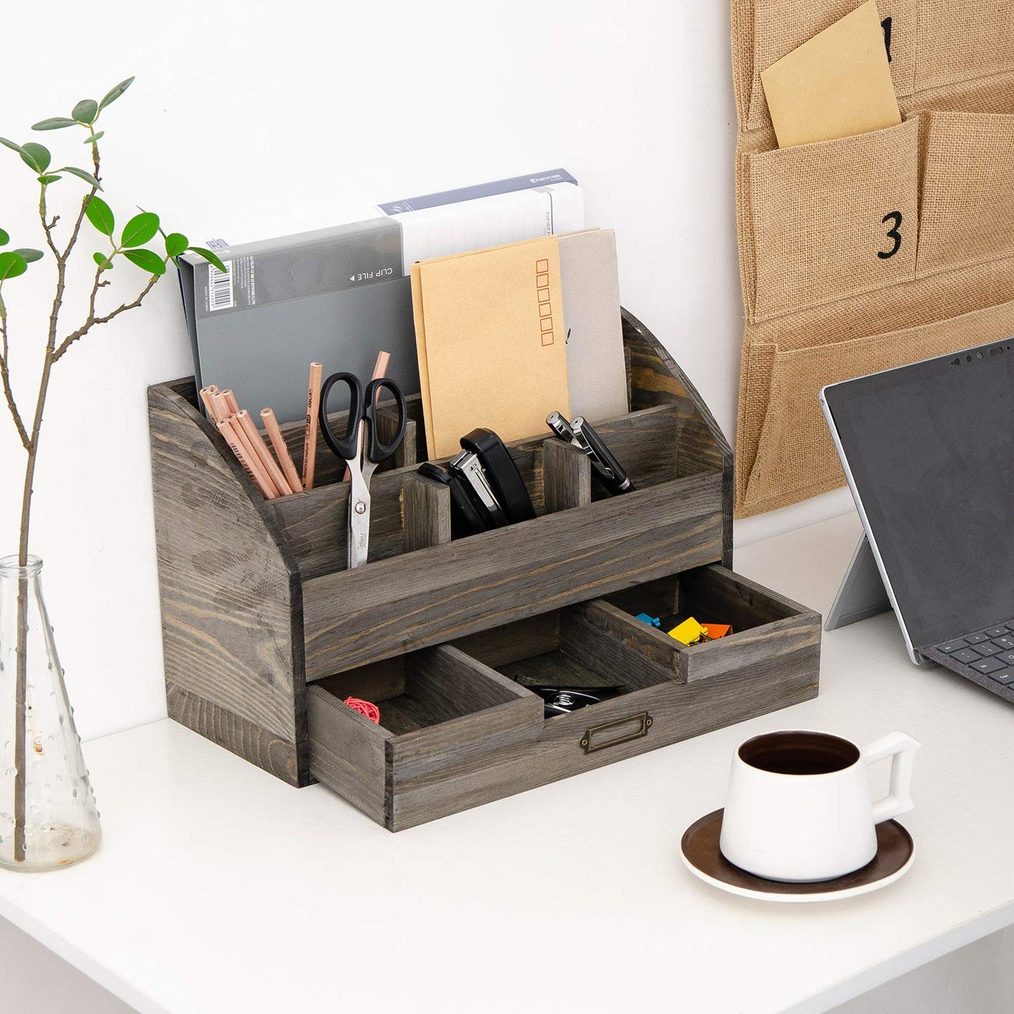 canwedance Distressed Rustic Wooden Office Desk Organizer 5 Compartment with 2 Drawer &Counter Desk