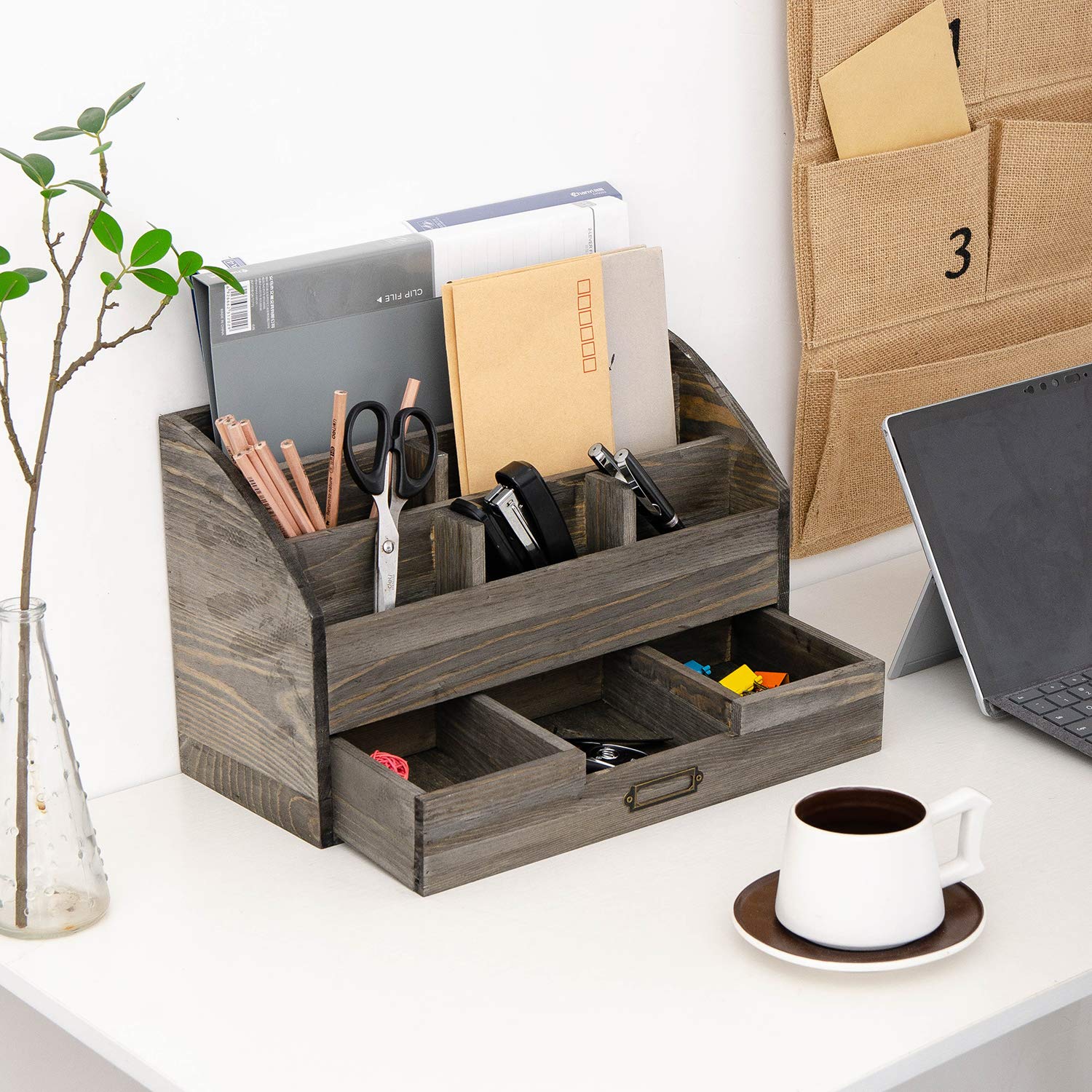 canwedance Distressed Rustic Wooden Office Desk Organizer 5 Compartment with 2 Drawer &Counter Desk