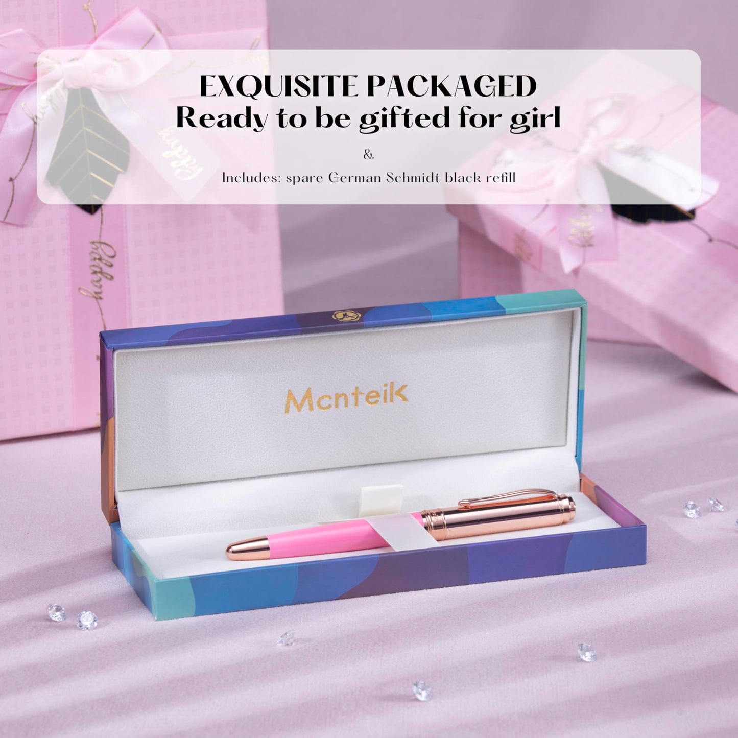 MCNTEIK Luxury Rollerball Pen, With 8mm Brilliant diamond,Vibrant Pink Pen,Attractive Real Rose