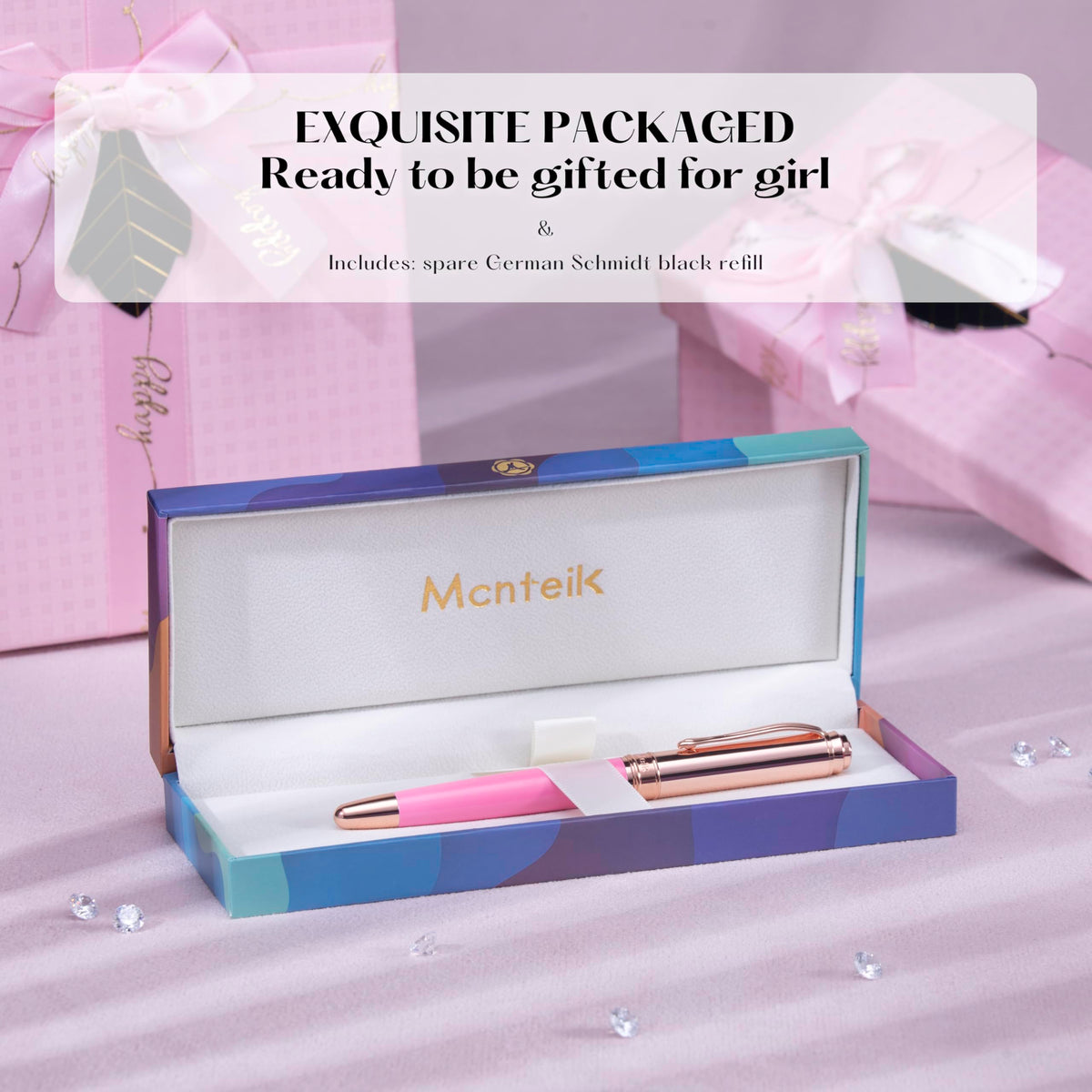 MCNTEIK Luxury Rollerball Pen, With 8mm Brilliant diamond,Vibrant Pink Pen,Attractive Real Rose