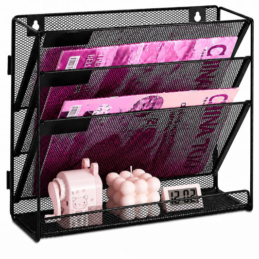 ideallife Mesh Wall File Holder Organizer with Bottom Flat Tray (4 Tier)