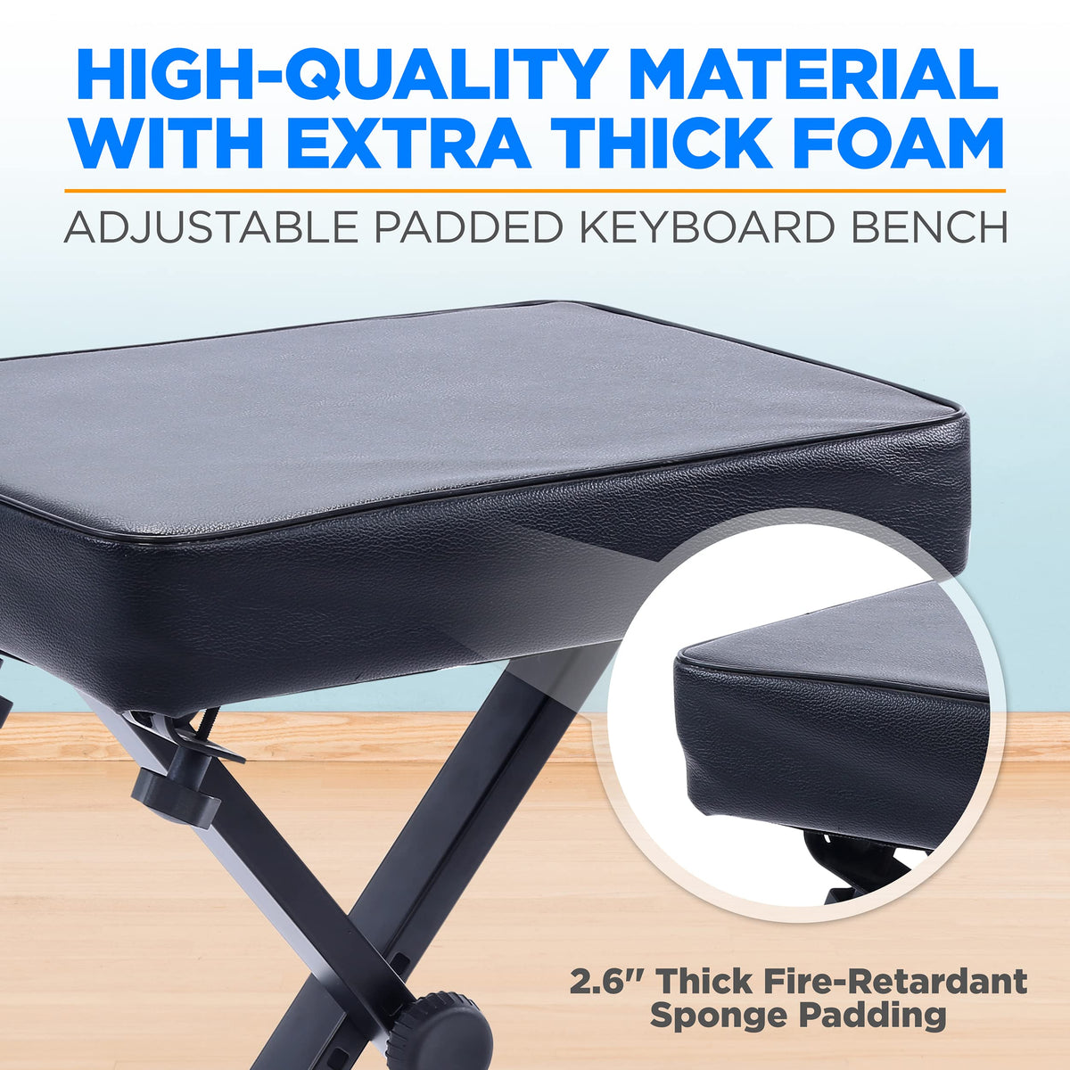 Adjustable Padded Keyboard Bench - X-Style Bench with Three Holes on Each Leg, 4 Non-Slip Rubber