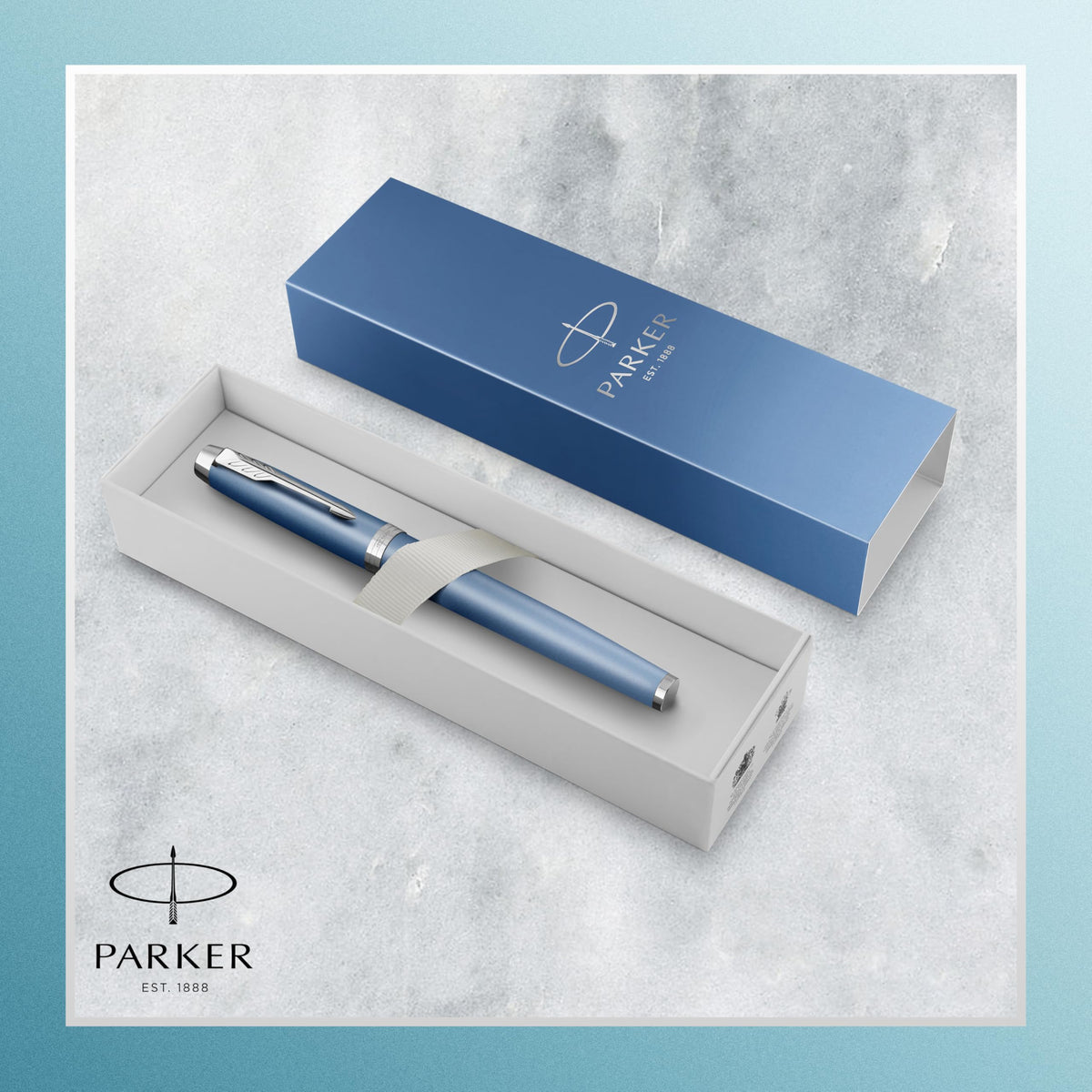 PARKER IM Writing Rituals Fountain Pen, Quiet Blue Case with Colour Gradient and Chrome Trims