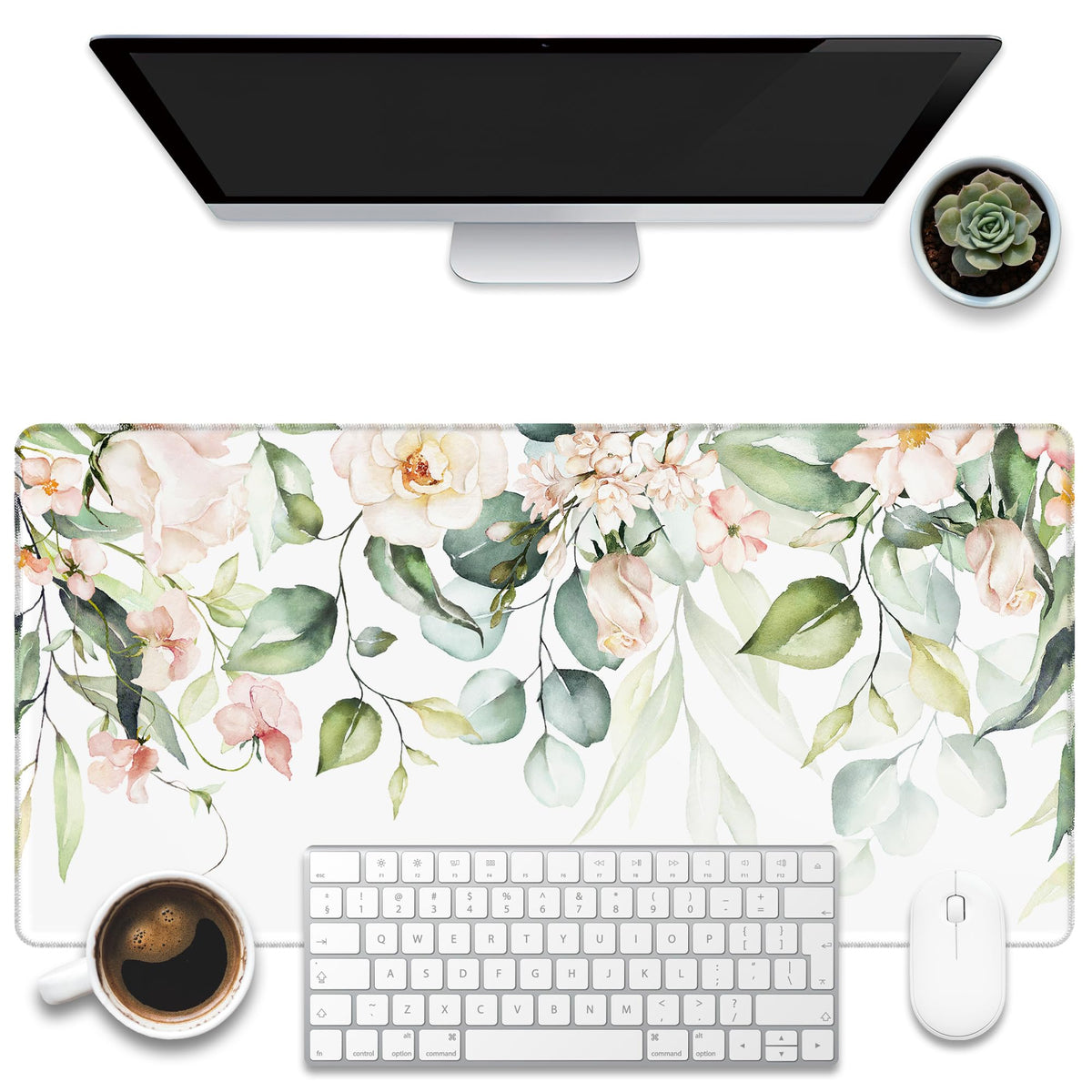 KOAIWPAE Desk Mat, Watercolor Pink Flowers Desk Pad, Green Leaves Flowers Large Gaming Mouse Pad