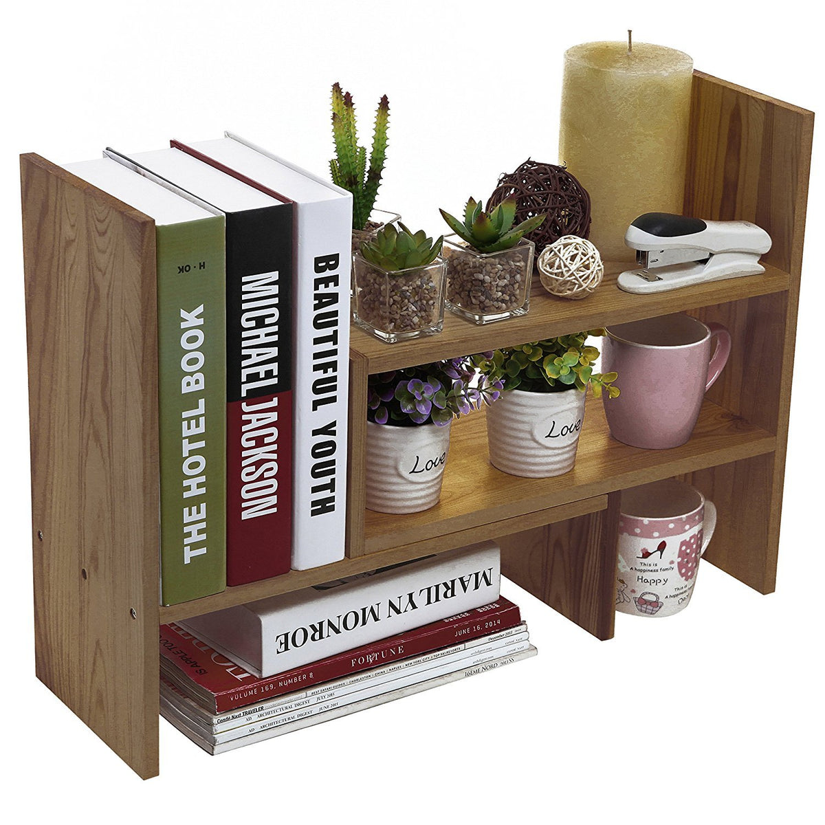 MyGift Adjustable Brown Solid Wood Desktop Storage Organizer Display Shelf Book Rack, Home Office