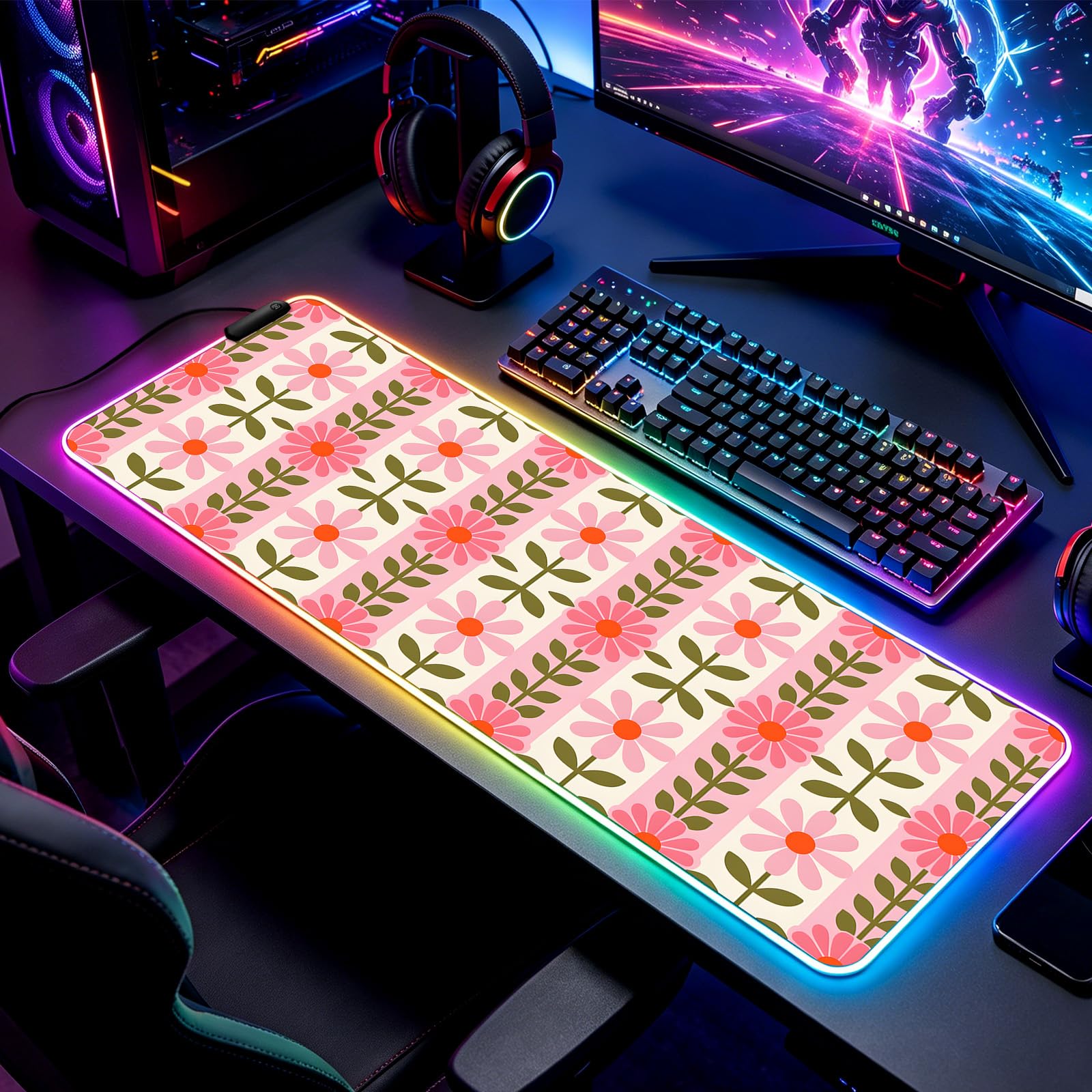 JIANG100 RGB Vintage Pink Flower Gaming Desk Mat, XL Floral Mouse Pad