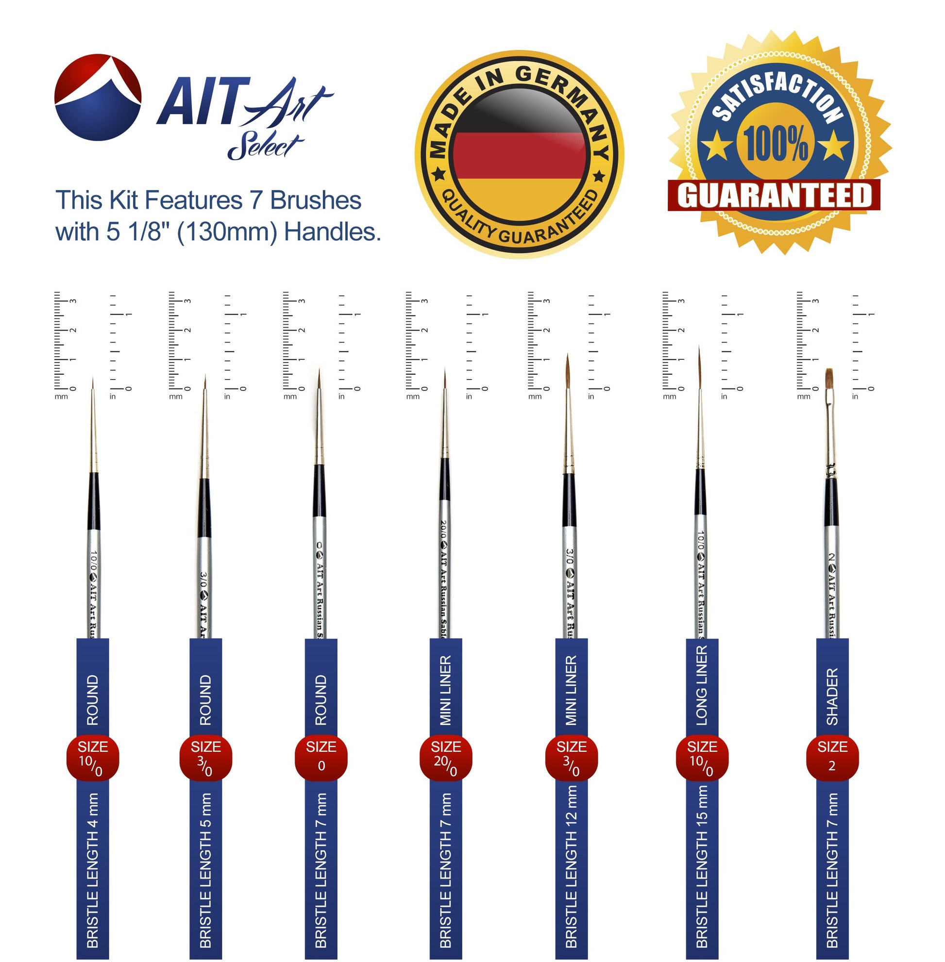 AIT Art Select Red Sable Detail Brush Set, 7 Pure Russian Sable Paint Brushes, Handmade in Germany