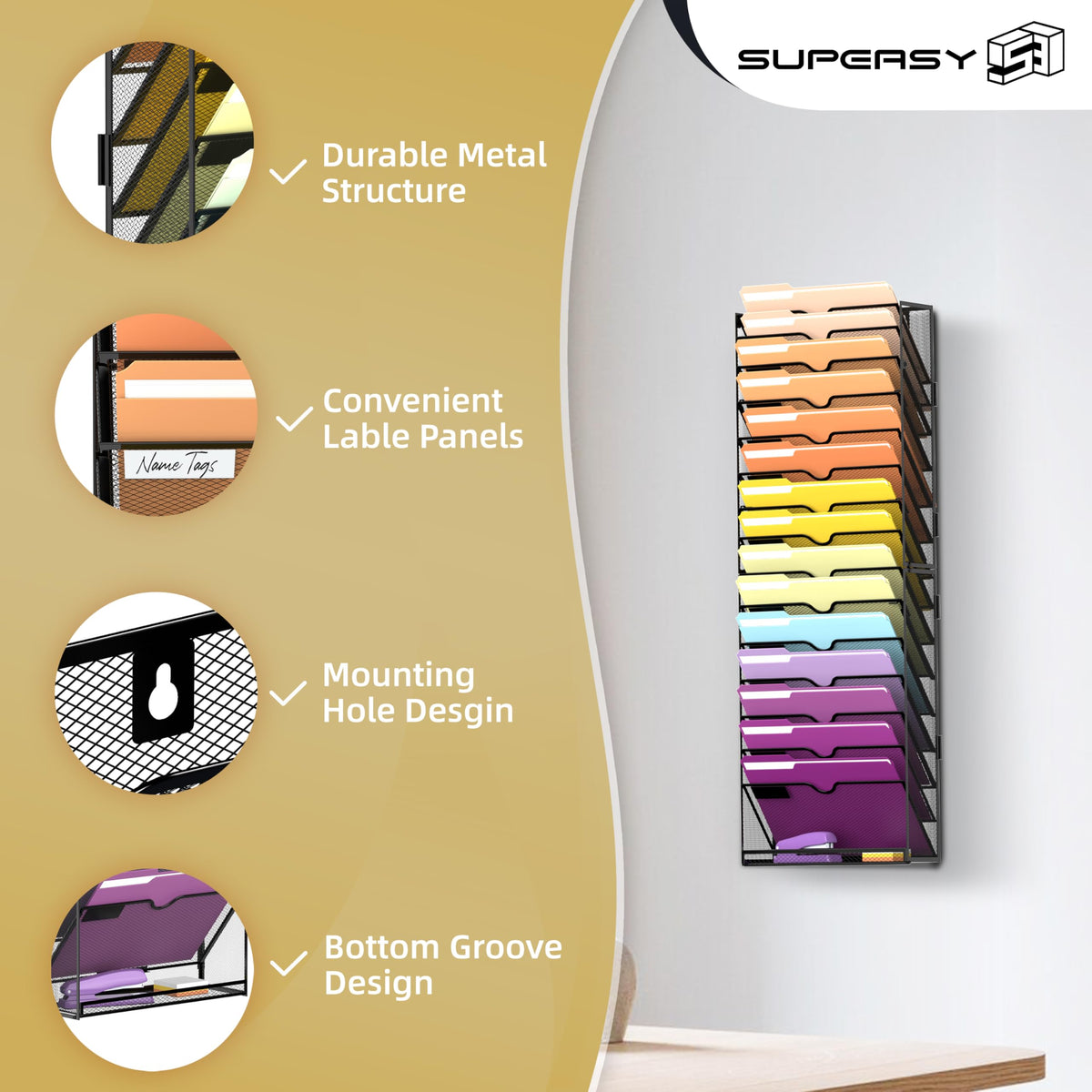 SUPEASY 16-Tier Hanging Wall File Holder Organizer for Papers, Folders, Files Clipboard & Magazine