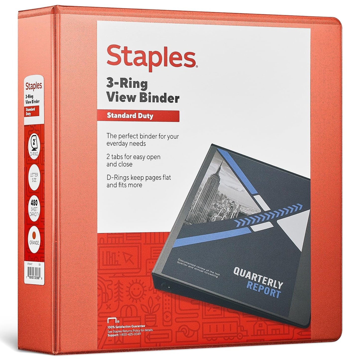 Staples Standard 2-Inch 3-Ring View Binder, Orange, 450 Sheets