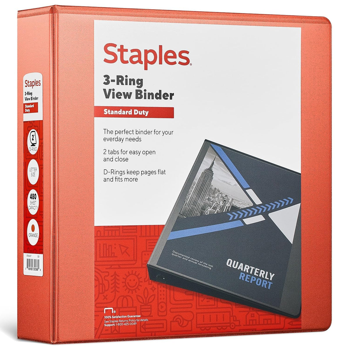 Staples Standard 2-Inch 3-Ring View Binder, Orange, 450 Sheets