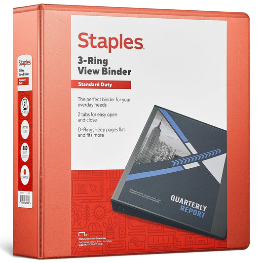 Staples Standard 2-Inch 3-Ring View Binder, Orange, 450 Sheets