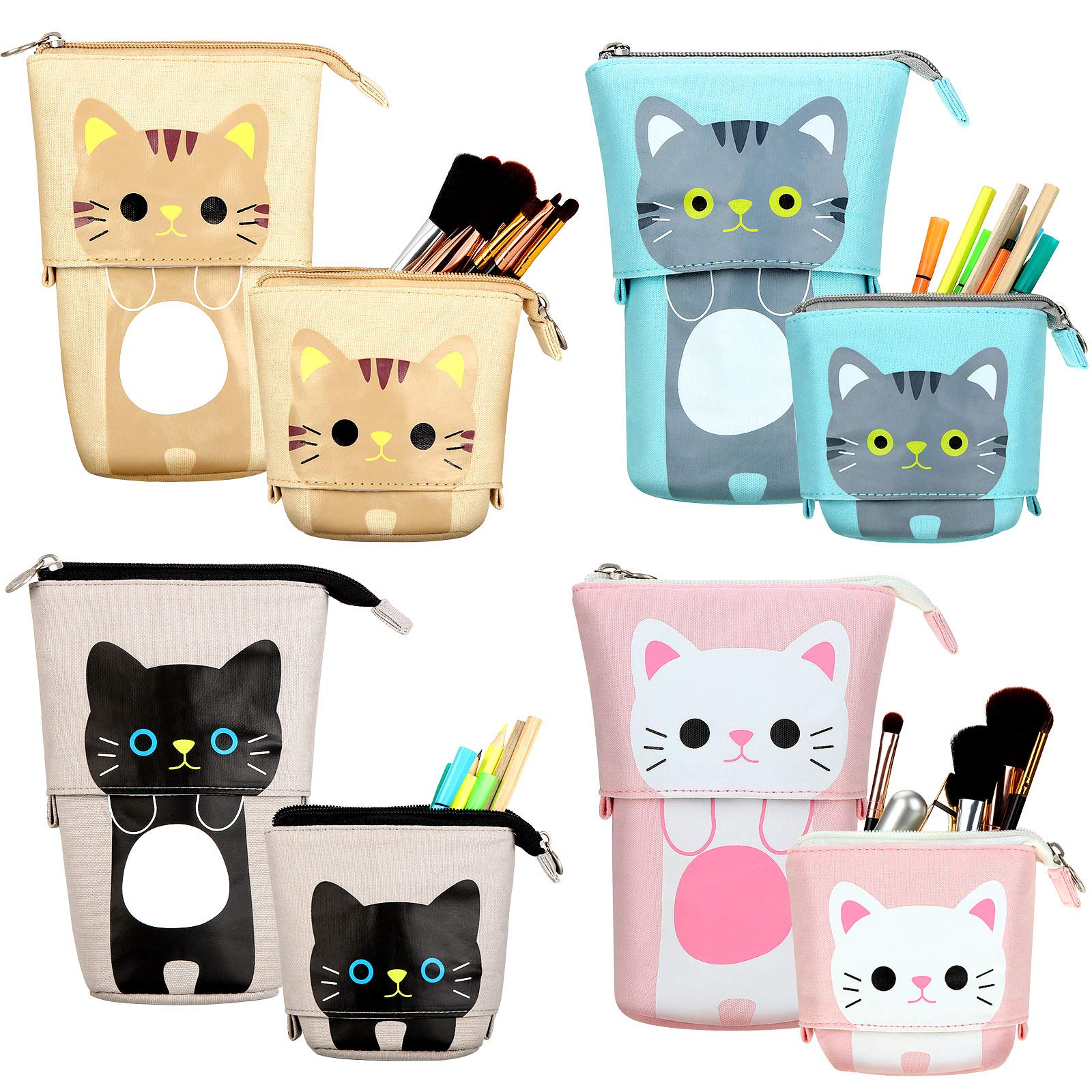 Zonon 4 Pieces Standing Pencil Case Cat Print Telescopic Pencil Case Stand up Pen Holder Canvas PU