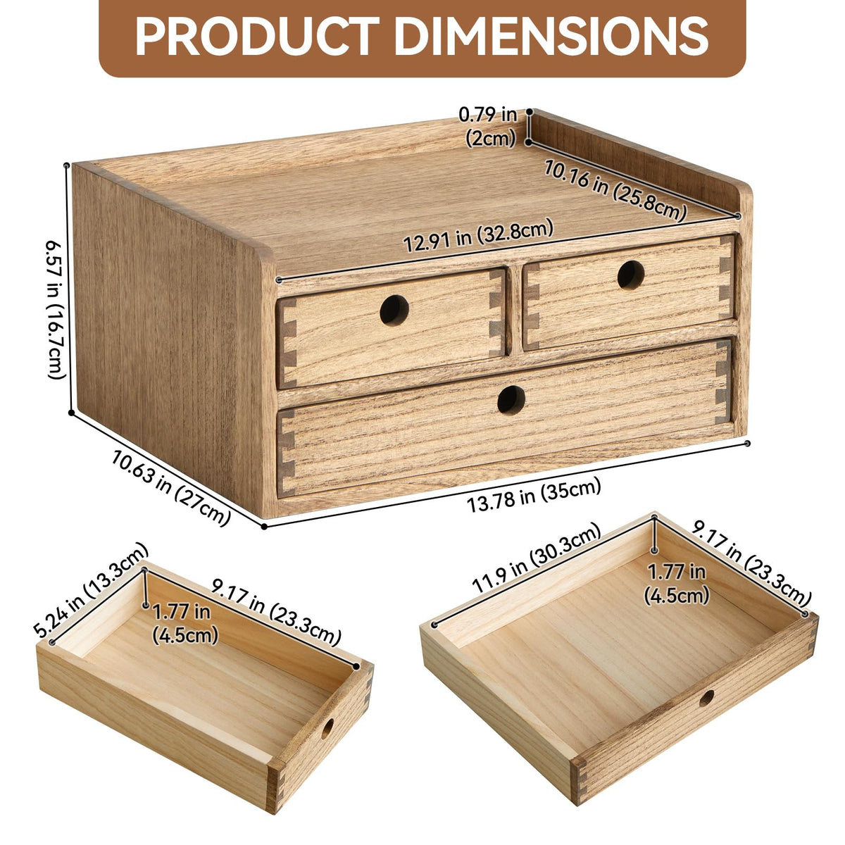 KIRIGEN Wooden Desk Organizer with 3 Drawers and Top Shelf Brown DT2D3C-DBR