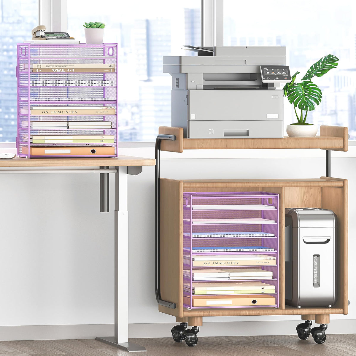 SUBEKYU 9 Tier Paper Letter Tray Desk Organizer with Handles - Purple Metal Mesh File Holder Paper