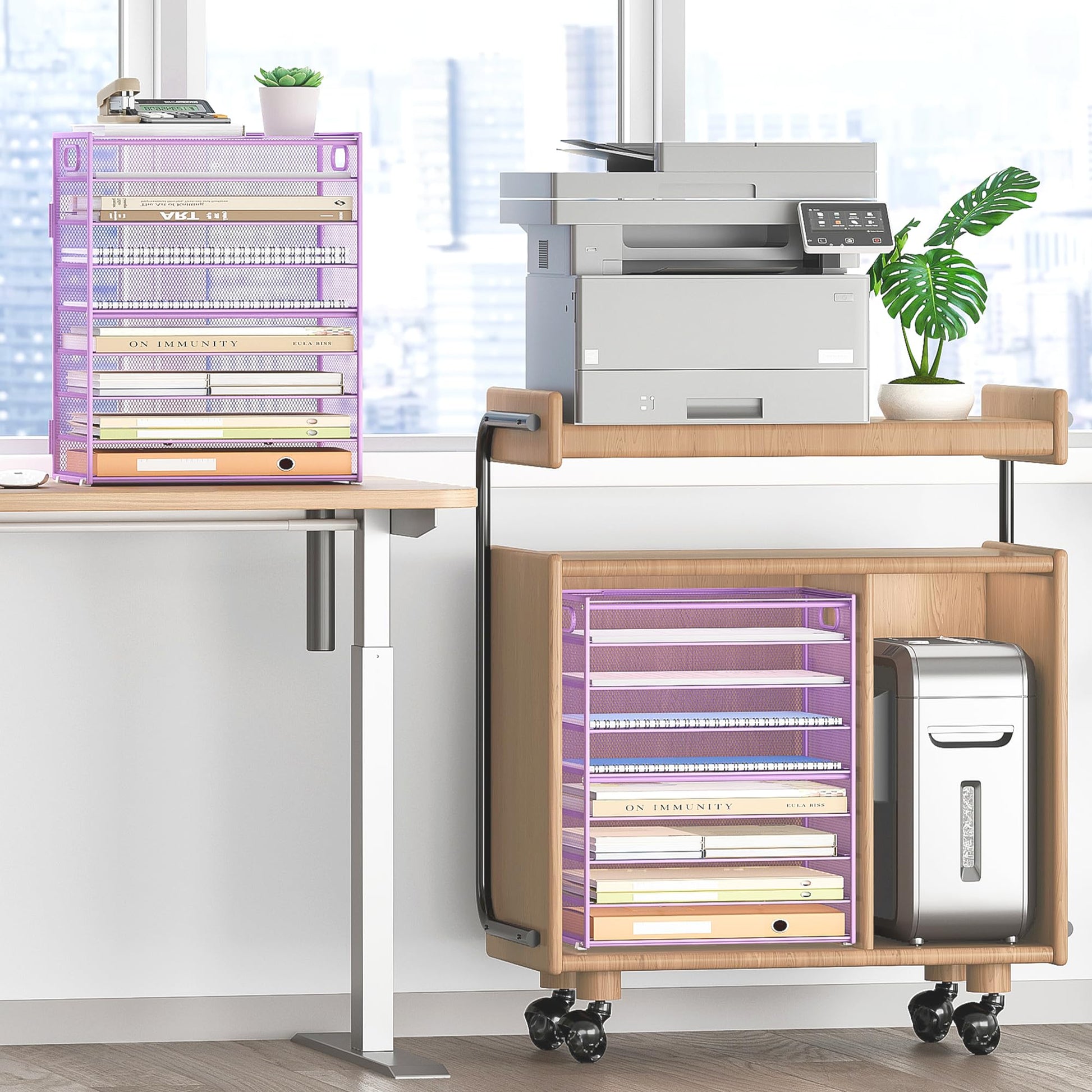 SUBEKYU 9 Tier Paper Letter Tray Desk Organizer with Handles - Purple Metal Mesh File Holder Paper